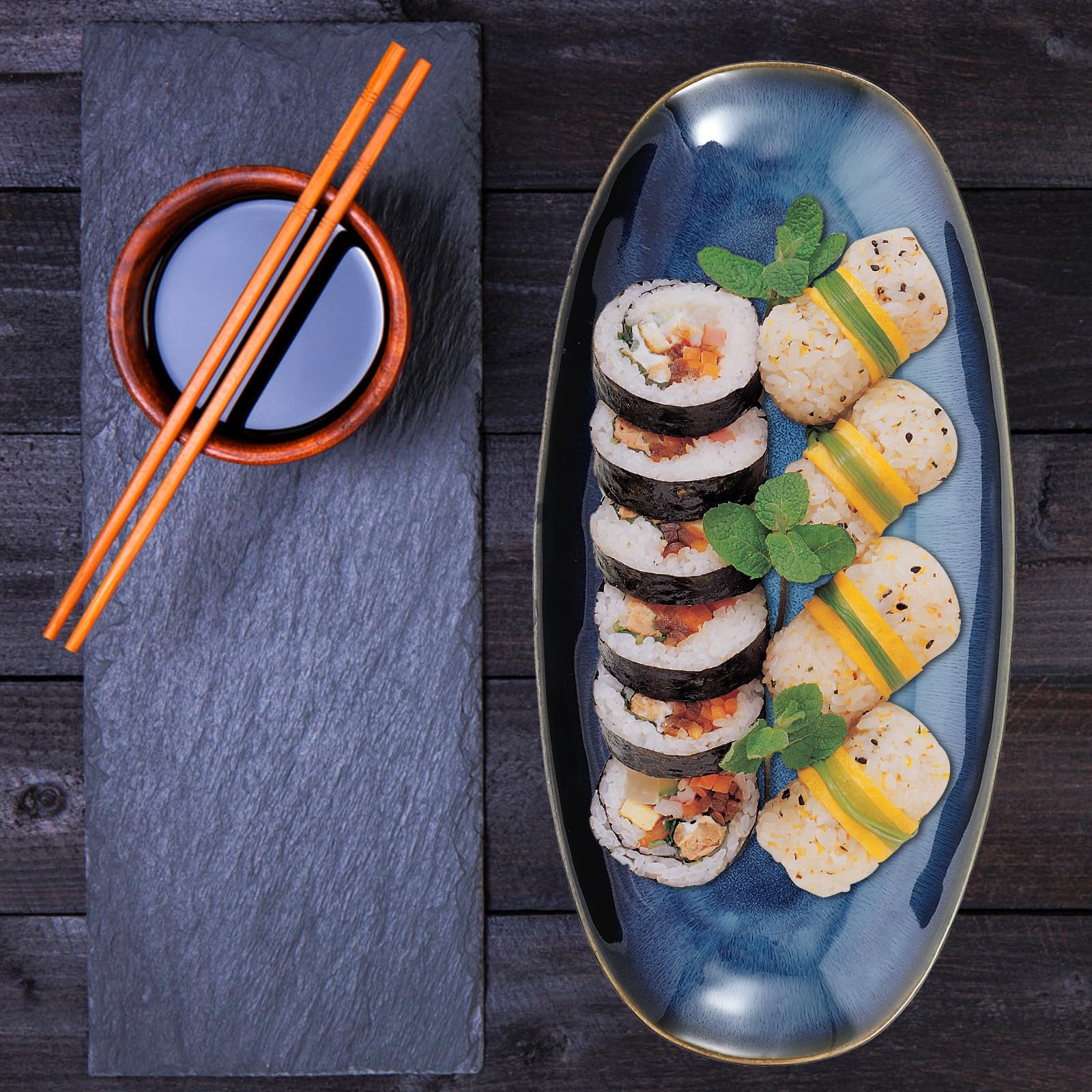 MAGICLULU Plateau à Sushis en Céramique Ovale Taille L Bleu pour Bars Restaurants Entrées Desserts Noix Fruits Secs