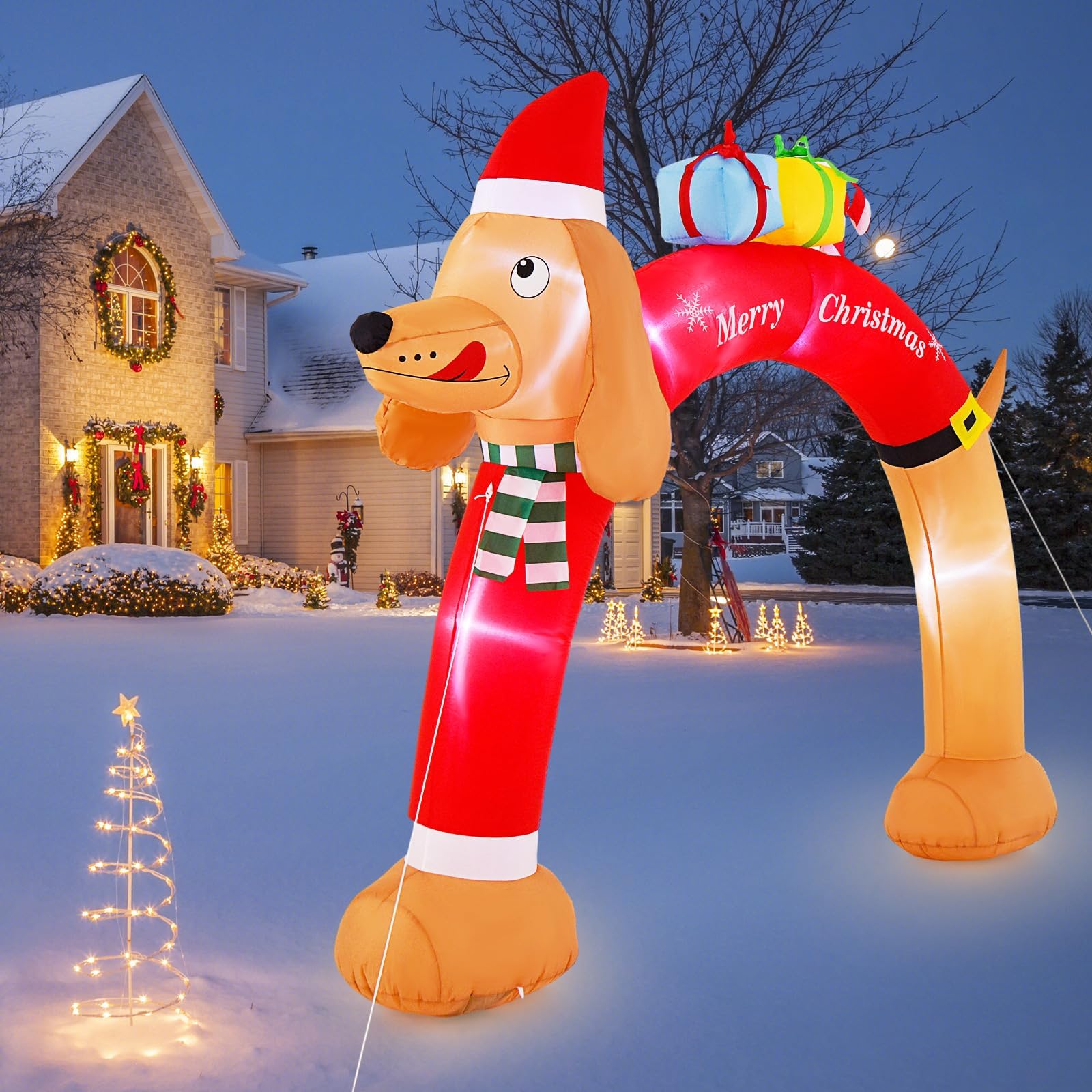 COSTWAY aufblasbarer Weihnachtsbogen Dackel, 242cm Weihnachtsdekoration mit LED & Tragetasche, Weihnachtsdeko groß Outdoor, Weihnachtsbeleuchtung für Garten, Hof, Terrasse, selbstaufblasend