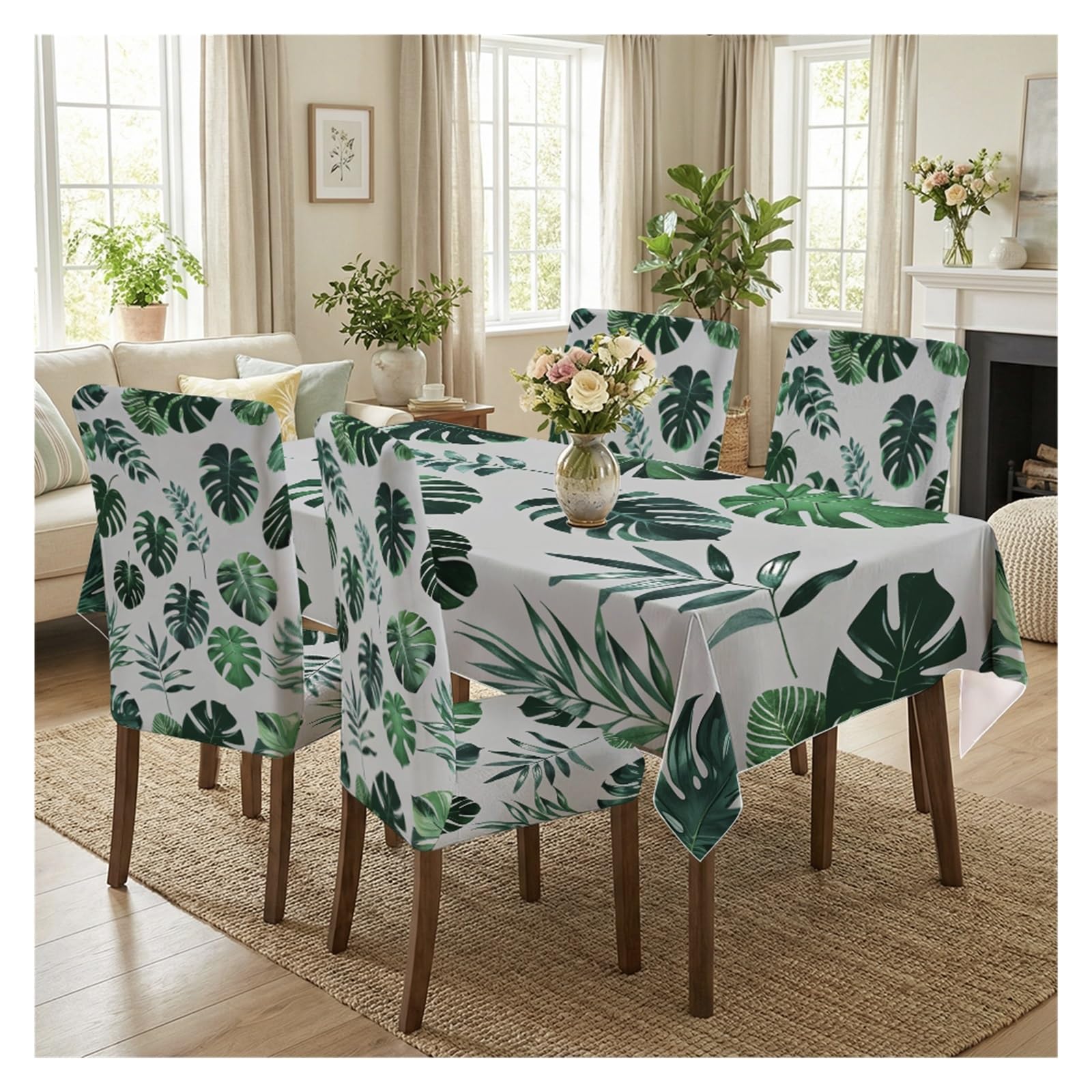 KXUAUV Stretch Dining Chair Slipcover & Tablecloth Set, Grey Base Green Tropical Monstera Leaf Print, 5/7 Pack, Fresh Modern Botanical Home Decor Party Decor(5pcs Set: Tablecloth+Chair Covers)