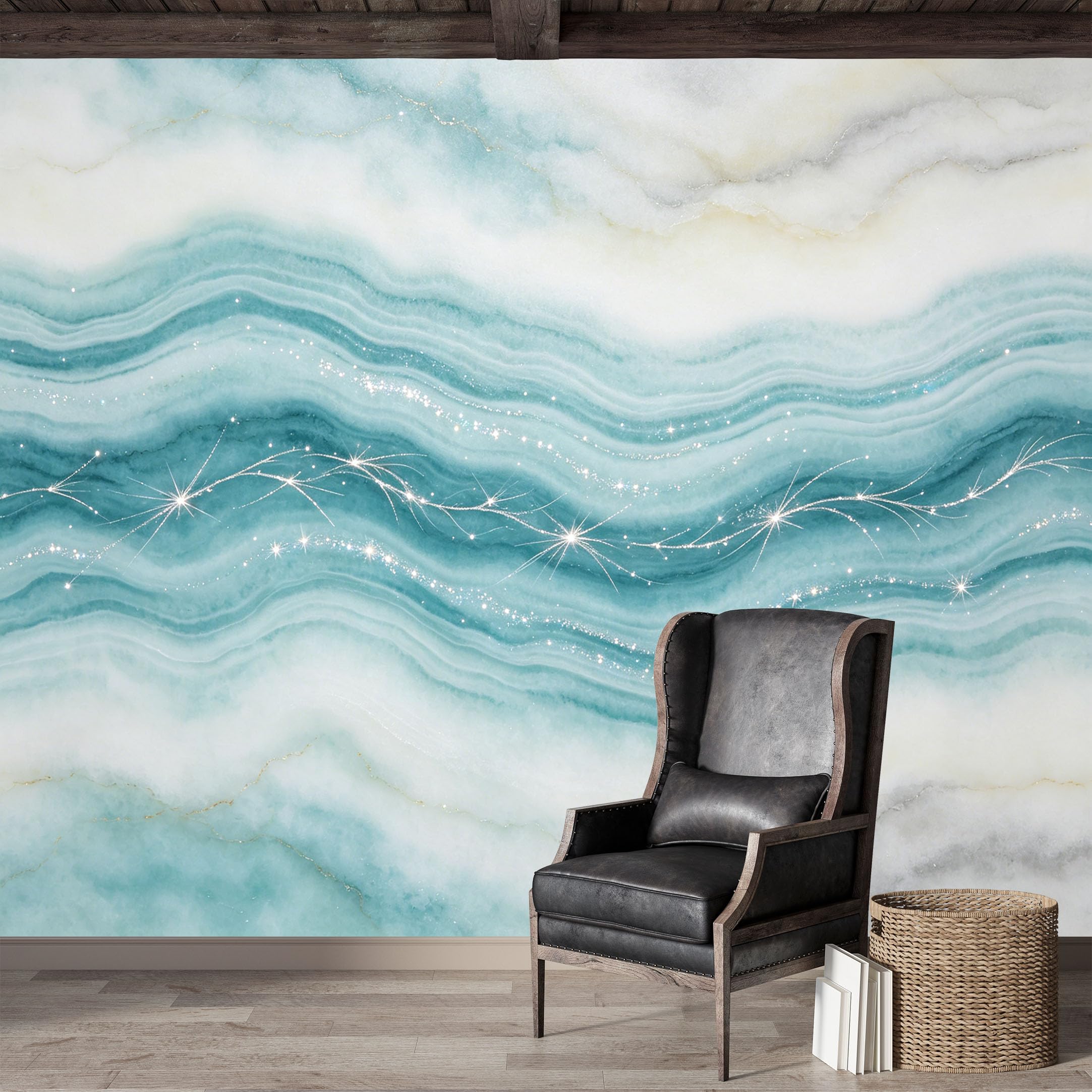 Custom Size Wall Mural,Teal Marble Stone Agate Waves Glitter Sparkle Premium Water Activated SelfAdhesive Wallpaper,Removable Wall Covering,Easy DIY Install Wall Art for Indoor Home Decor