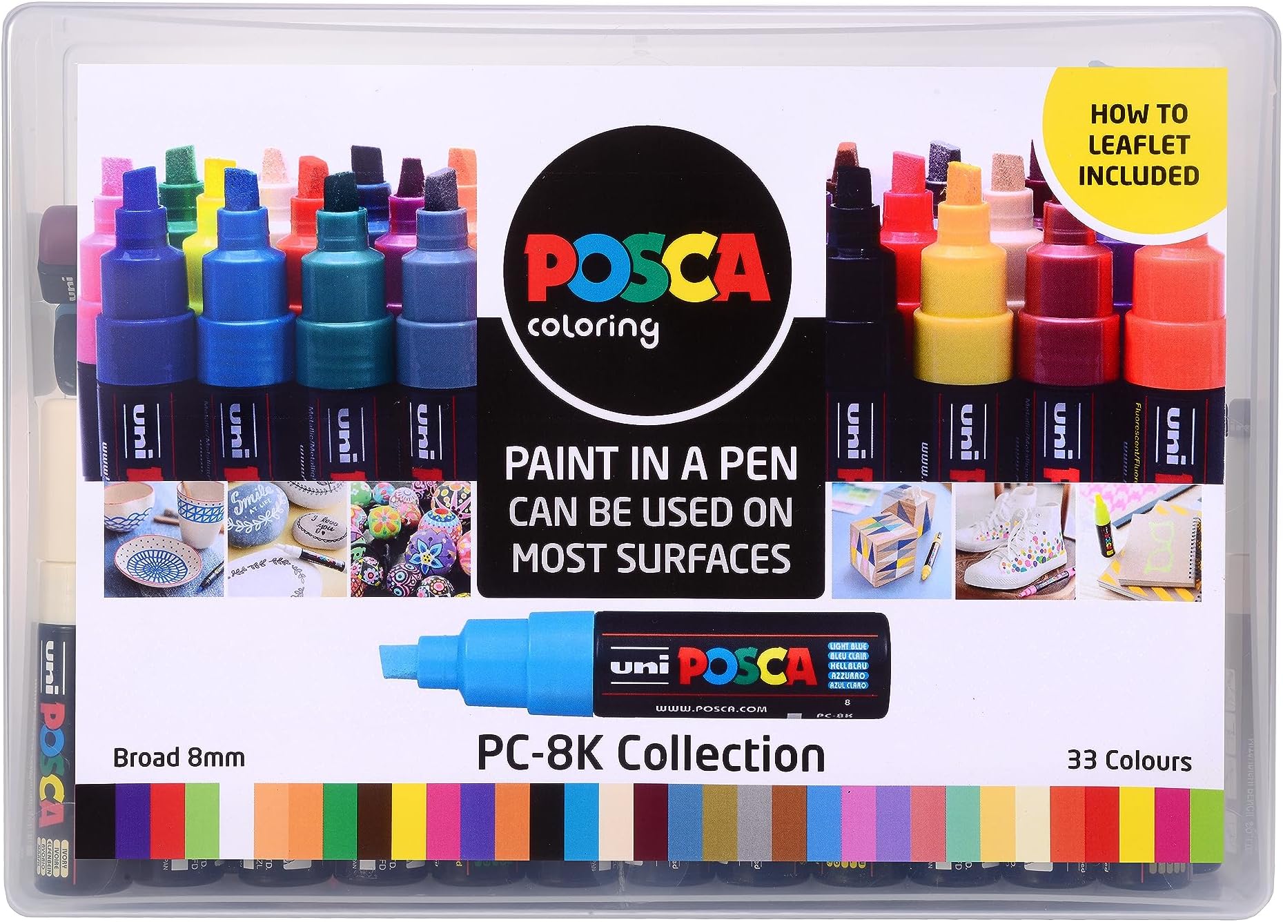 PC-8K Permanent Marker Paint Pens. Broad Chisel Tip for Art & Crafts. Multi Surface Use On Wood Metal Paper Canvas Cardboard Glass Fabric Ceramic Rock Pebble Stone Porcelain. Set of 33 Colours
