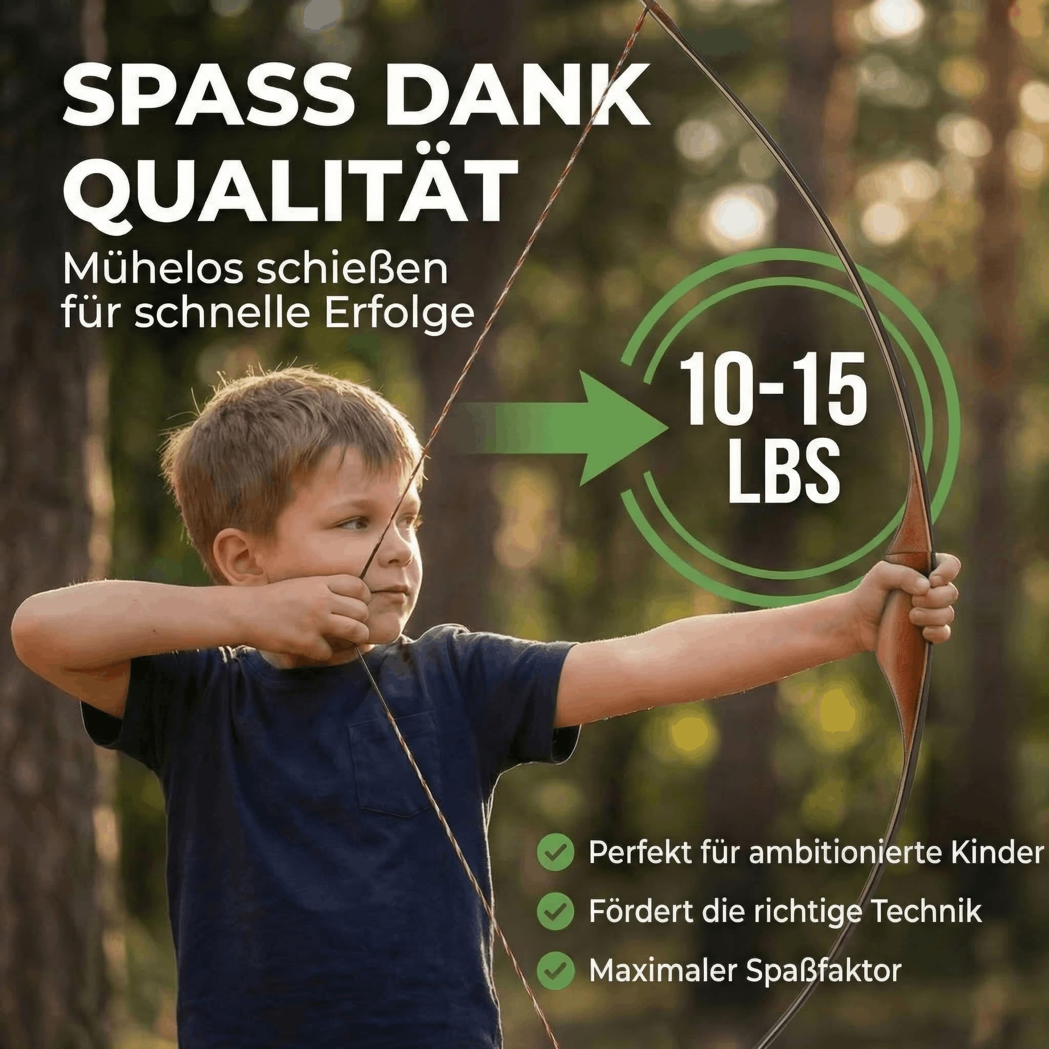 Penthalon Little Sioux Kinder Bogen - hochwertiger Bogensport Langbogen aus Holz für Kinder von 6-10 Jahre, Bogenlänge 35 Zoll/89 cm, Zuggewicht 10-15 lbs
