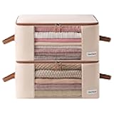 Canvas Clothing Storage 2 Bags Clothes Organizer folding fabric bags for sweaters, clothing, garment, bedding, quilt, linens, large folding organizers with zip & window, mothproof underbed space saver