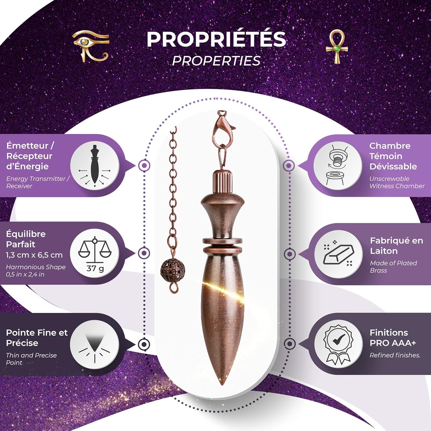 Tavole per Radiesthesie Plus di 200 tavole per pendolo divinatorio in francese (formato A4 a spirale) + Pendolo di radiestesia egiziana in ottone antico [Soddisfatto o rimborsati]