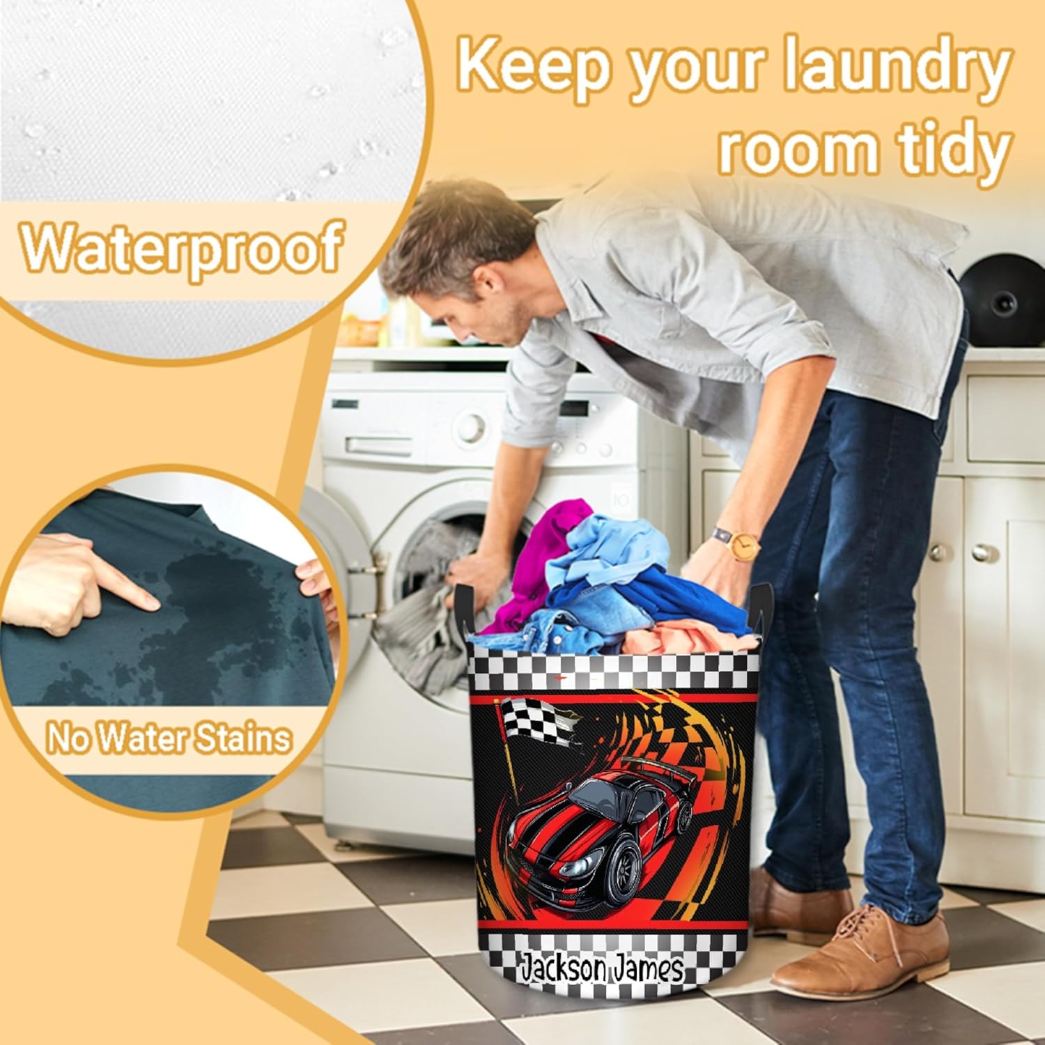 Personalized Car Racing Laundry Basket, Custom Laundry Hamper With Name Gifts For Kids Baby Adults, Collapsible Dirty Clothes Storage Organizer With Handles M 19.6 X 15.7in
