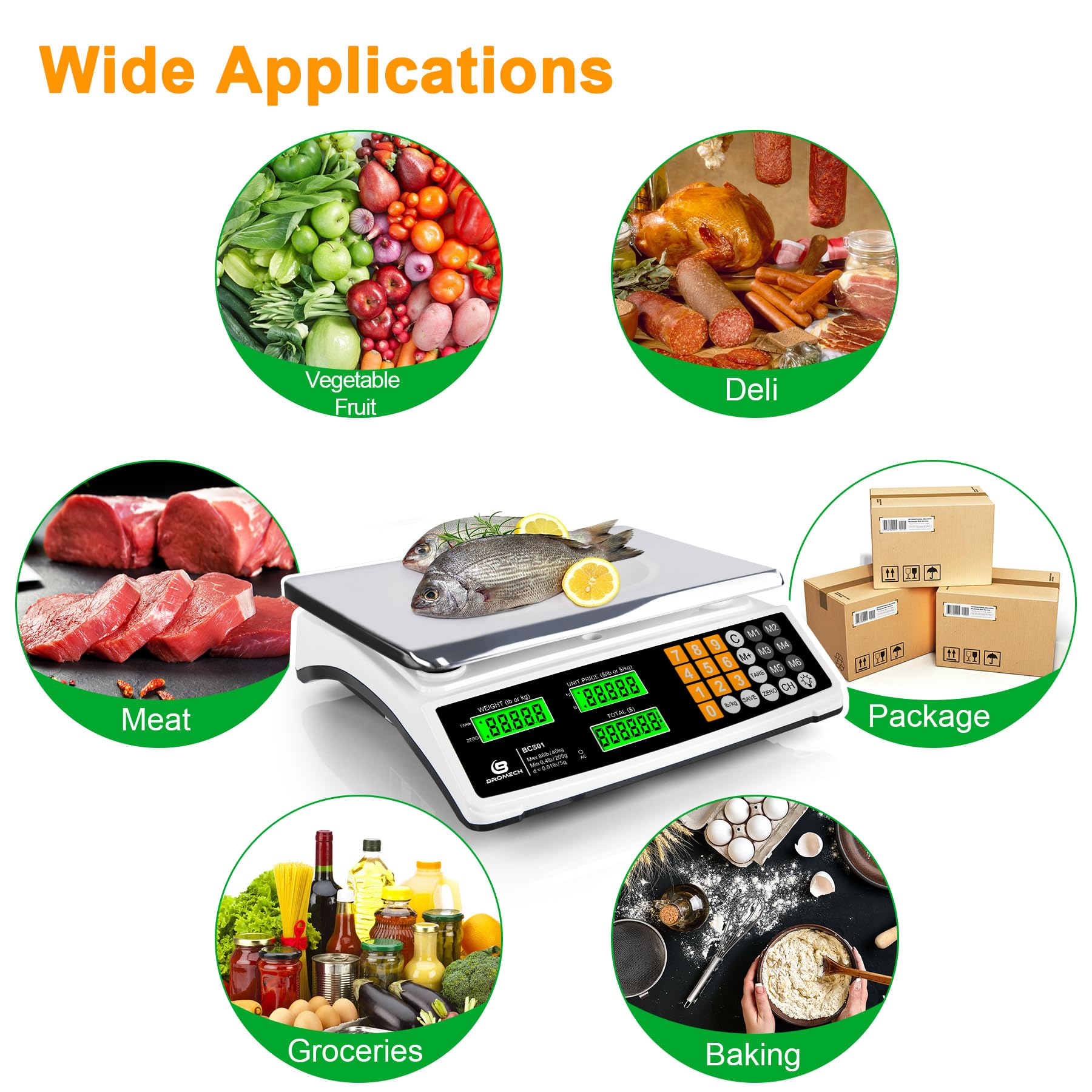 Bilancia per calcolo dei prezzi, 40 kg, bilancia commerciale per alimenti per la pesatura della carne, display LCD e retroilluminazione verde brillante per mercati agricoli, negozi di carne,