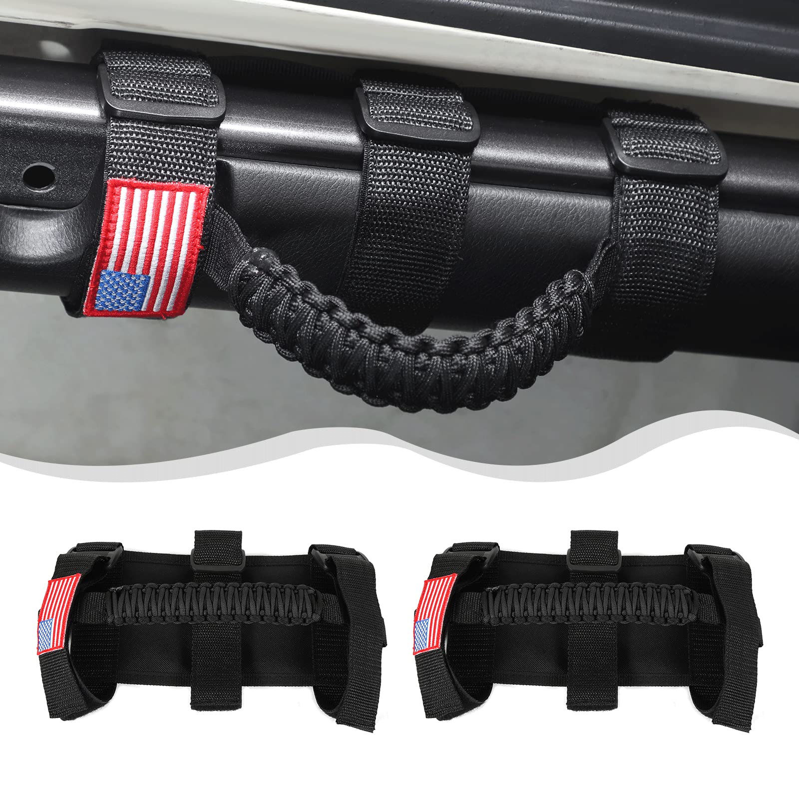 Grab Handles Grip Handle Roll Bar Grab Handle for Jeep Wrangler JK JL JT YJ TJ 1992-2023 Interior Accessories (2Pcs,with USA Flag Pattern,Oxford) Black