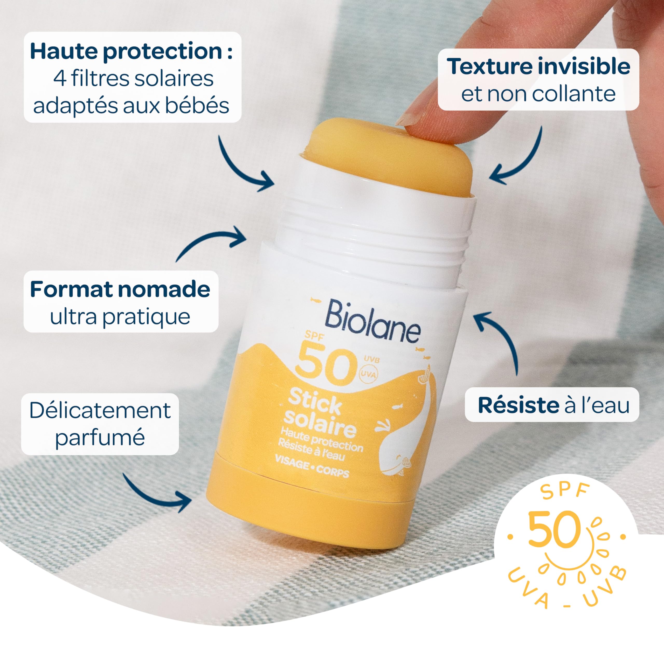 BIOLANE - Stick Solaire Bébé SPF 50 - Protection Visage et Corps - Haute Protection Contre UVA et UVB - Peaux Sensibles - Résistant à l'eau - Texture invisible