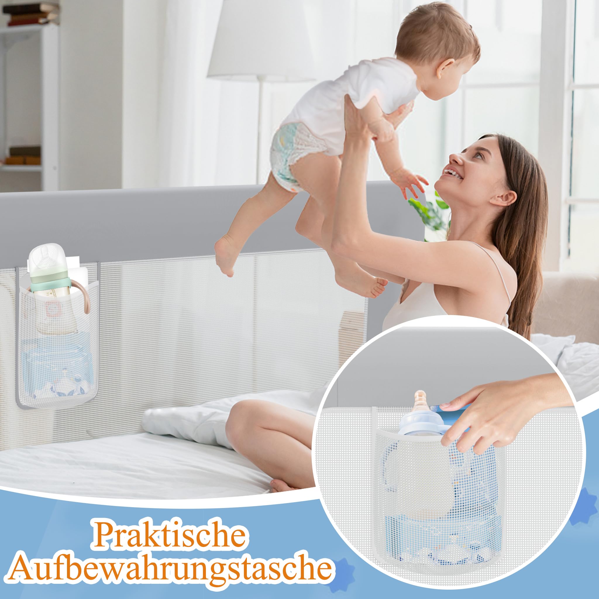 YUENFONG Barrière de lit pour enfants, 200 cm, réglable en hauteur de 72 à 96 cm, pliable, protection latérale, grise