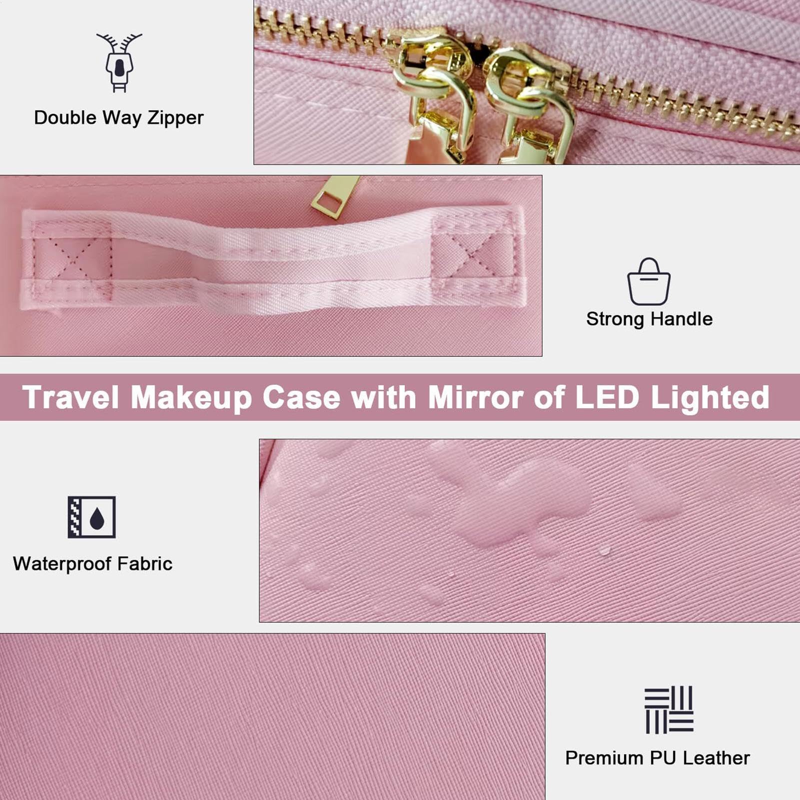 Astuccio per il trucco con specchio | Astuccio per il trucco | illuminato a LED a 3 colori | Borsa organizer da viaggio in pelle PU, regalo di compleanno borsa per il trucco