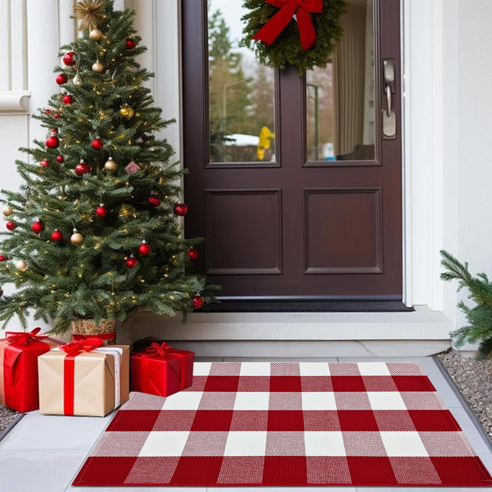 USTIDE Buffalo Check Plaid Doormat Red and White 2'x3'Hand Woven Cotton Plaid Rugs Farmhouse Layered Door Perfect for Front Door Porch Outdoor Rug