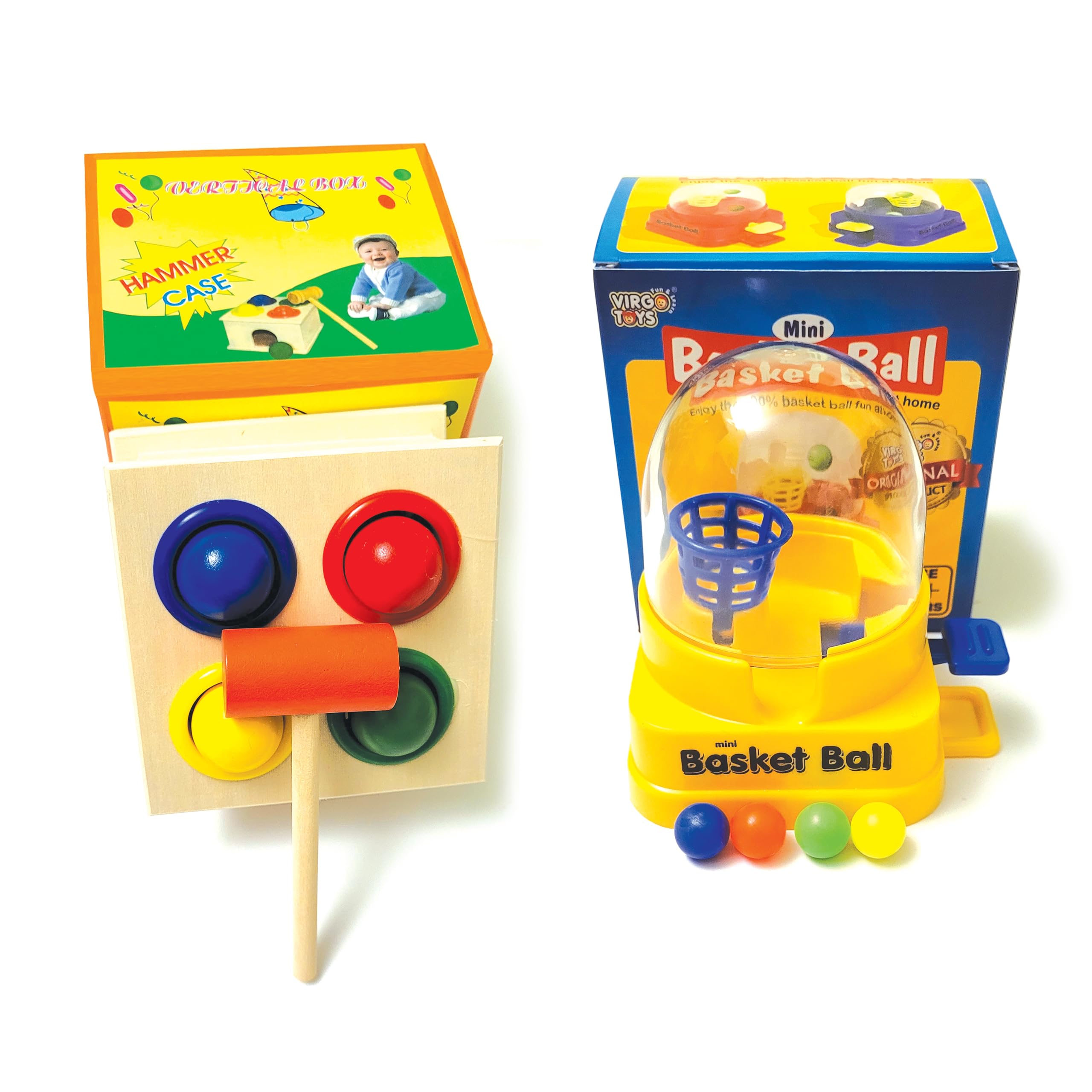 Jarahs Wooden Game Play Box Case Pounding Bench Hammer with Colour Balls and Basket Mini Balls – 3+ Years Kids Educational Toy Set and Random Colours