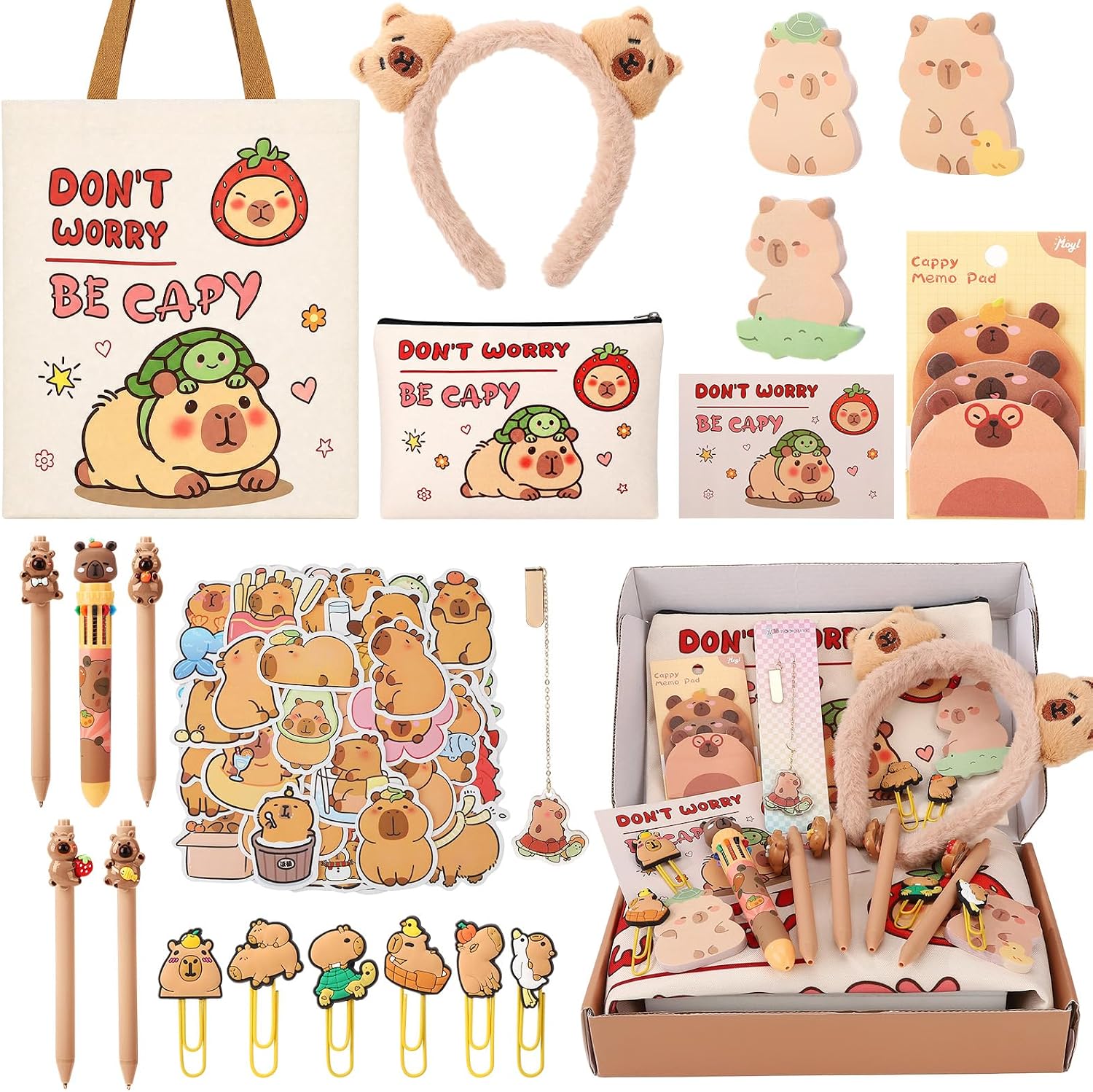 Capybara Stationery Gift Set Cute Capybara School Supplies Kit Canvas Tote Bag Headband Cute Sticky Notepads Paper Clips Ballpoint Pen Cartoon Stickers Party Favor for Birthday Festival Gifts
