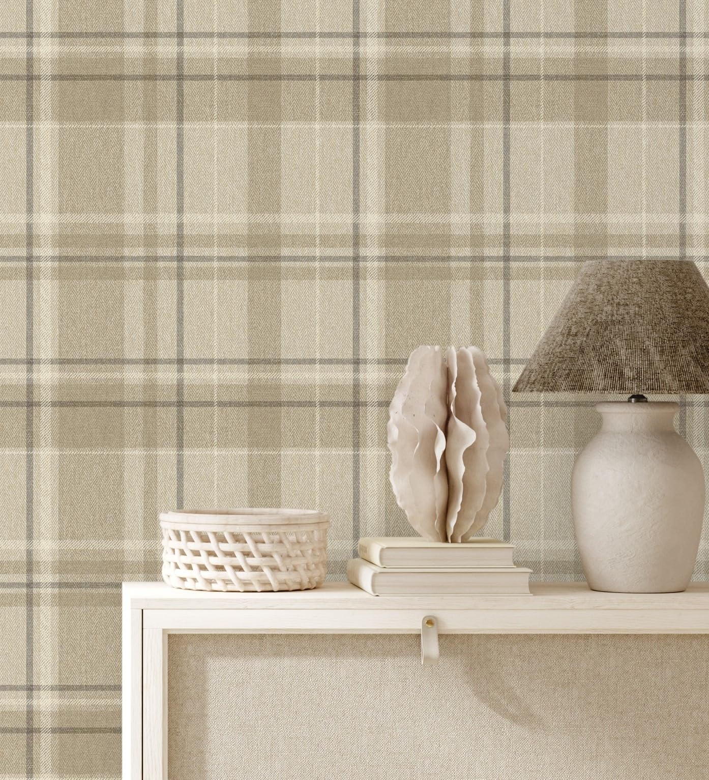 GAULAN 683559 - Papel pintado de cuadros escoceses fondo efecto textil de espiga en tonos beige para pared salón dormitorio pasillo comedor - Rollo de 10 m x 0,53 m