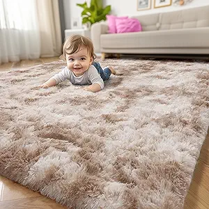 Amdrebio Tie-Dyed Beige Area Rugs for Bedroom Kids Room, 5x7 Cute Fluffy Plush Shaggy Rug for Living Room Decor Aesthetic, Soft Furry Fuzzy Neutral Tan Carpet for Baby Nursery Playroom Preppy Dorm