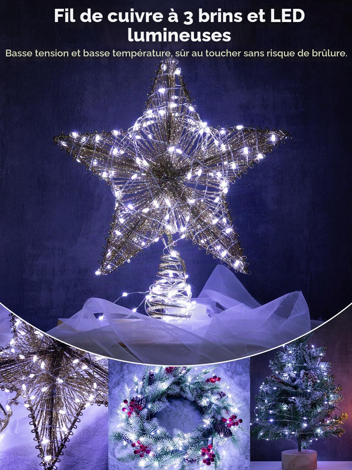 guirlande solaire LED blanche froide de 60m pour extérieur, étanche, avec 600 LED, idéale pour patio, jardin, arbres, mariage, Noël.