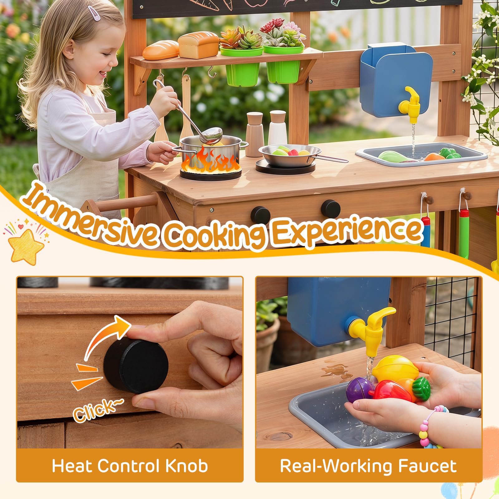 HOMASIS Cucina Giocattolo da Esterno per Bambini 3+ Anni, Cucinetta in Legno Massello con Gabbia, Vano Allevamento, Fioriera, Lavagna, Contenitore e Accessori, Chef Gioco Montessori per Sabbia e Acqua