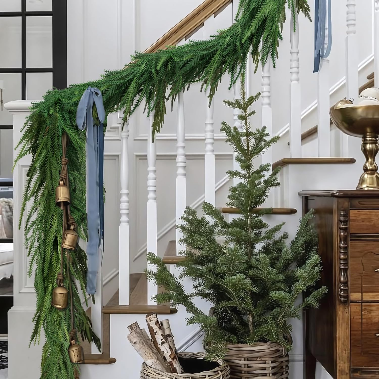 Christmas Decorations - 2pcs Christmas Garlands - 12ft(2 * 6ft) Norfolk Pine Garland Artificial Greenery Xmas Holiday Decor for Indoor Home Fireplace Mantle Table Stairs Railing Porch Door Farmhouse