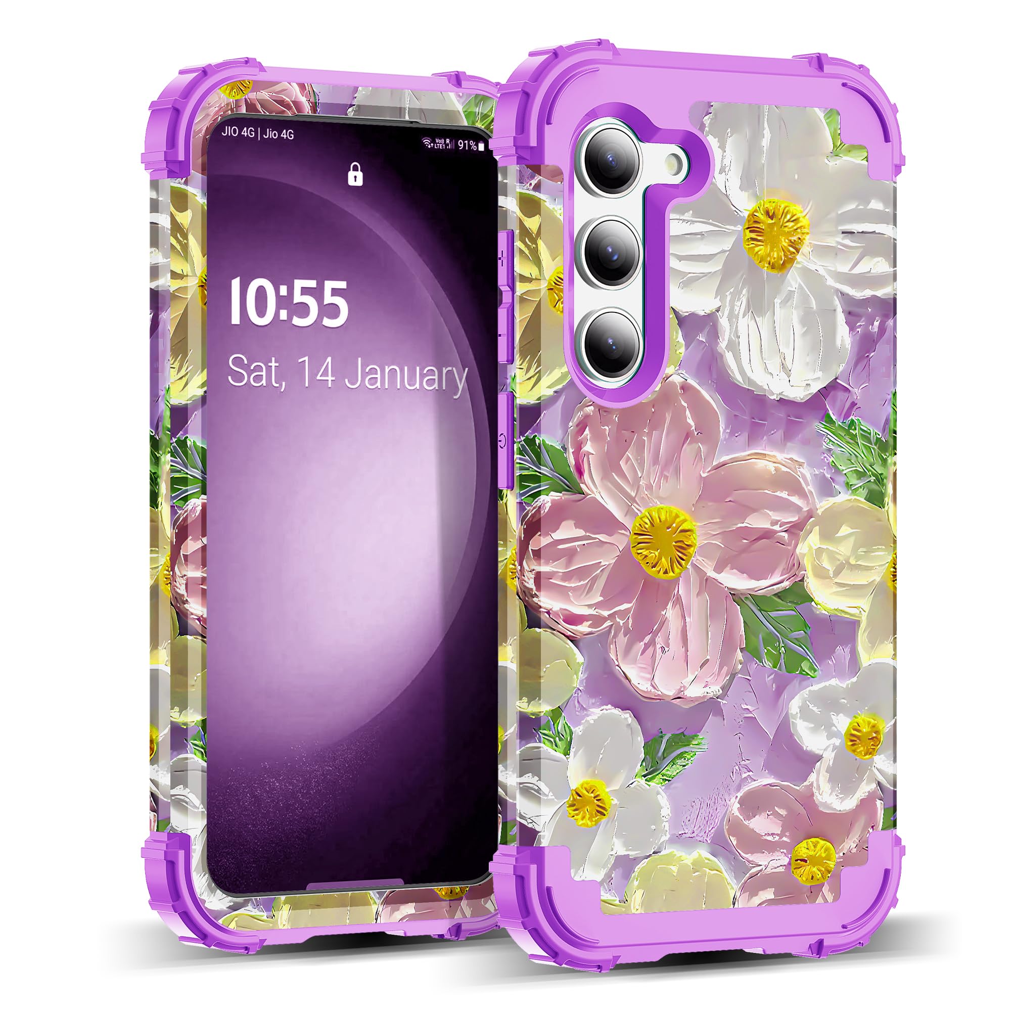 SleekCover for Galaxy S23 Plus Case,3 in 1 Oil Painting Flower Pattern Heavy Duty Shockproof Protection Silicone Rubber Bumper+Hard Plastic Protective