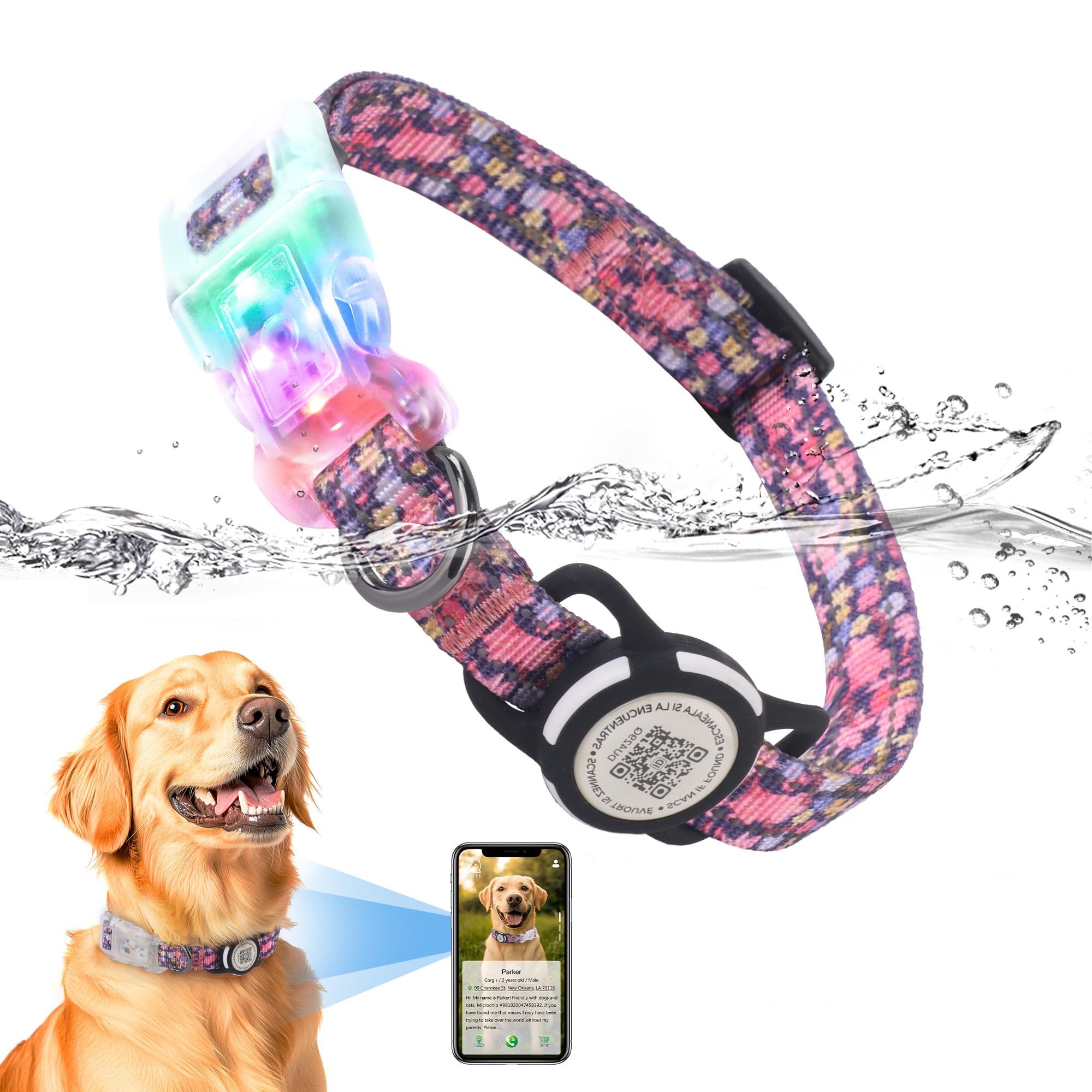LED Smart QR Code Dog Collar - Lost at Night Collar Showing Details of Owner and pet - Durable, Adjustable, Soft - Rose re...