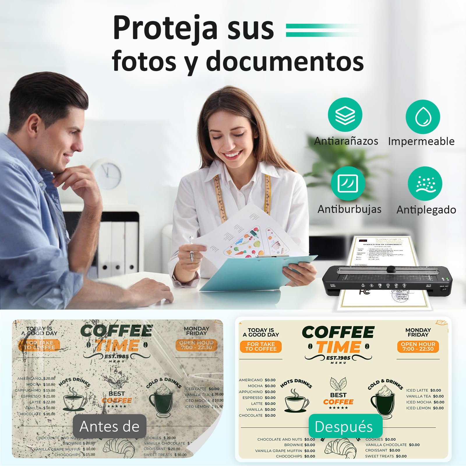 Plastificadora A3, 5 en 1 para A3 A4 A5 A6 Máquina laminadora en modo frío y caliente con cortador de papel, relleno de esquinas y 20 hojas de laminada para la escuela, la oficina y el hogar