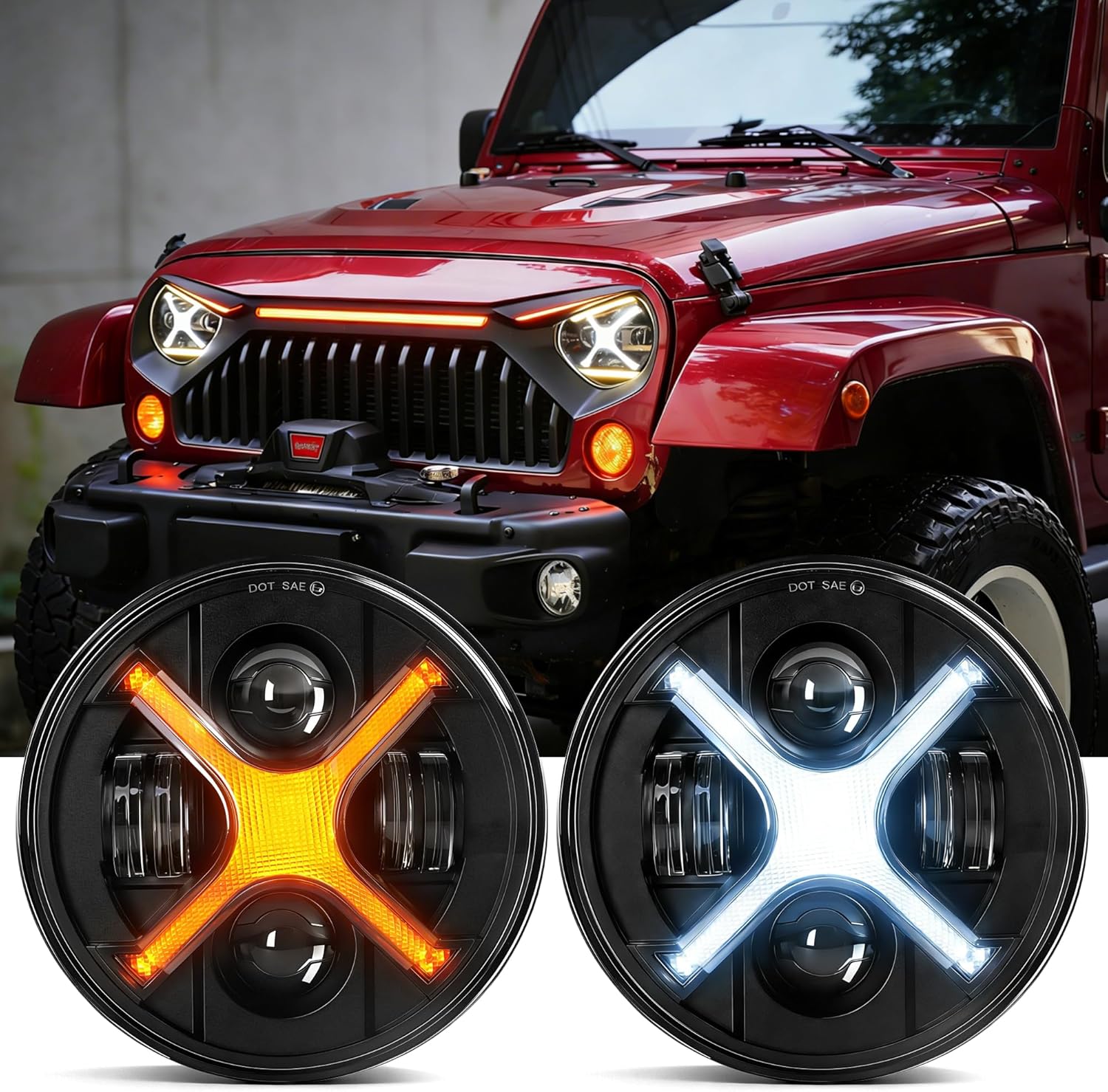 X-Design 7 Inch Round LED Headlights Compatible with Jeep Wrangler JK TJ LJ, High Performance Projector Eyes with White X-Shape DRL & Amber Signal, DOT SAE Legal