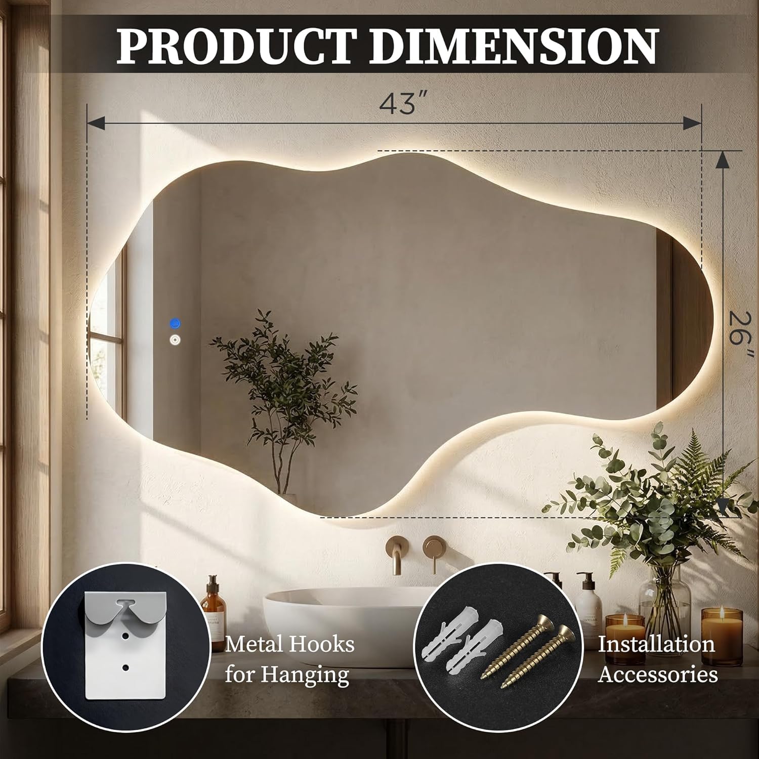 Irregular LED Bathroom Mirror with Lights, Backlit Vanity Mirror for Wall, Asymmetrical Wall Mirror, 3 Color Dimmable Anti-Fog Smart, Decorative Mirror for Bathroom, Entryway(26″ x 43″, 1 Pack)