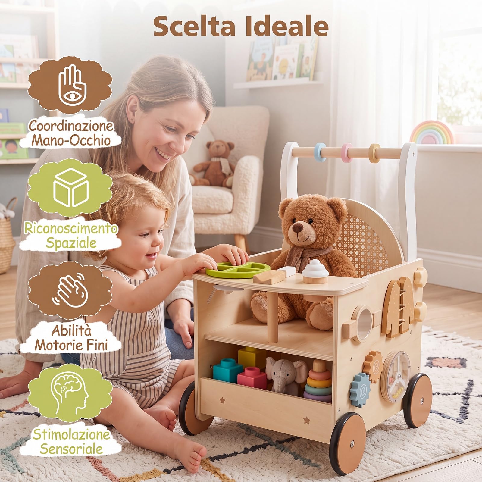 COSTWAY Carrello Primi Passi Legno Bambini, Giochi Montessori 12+ Mesi