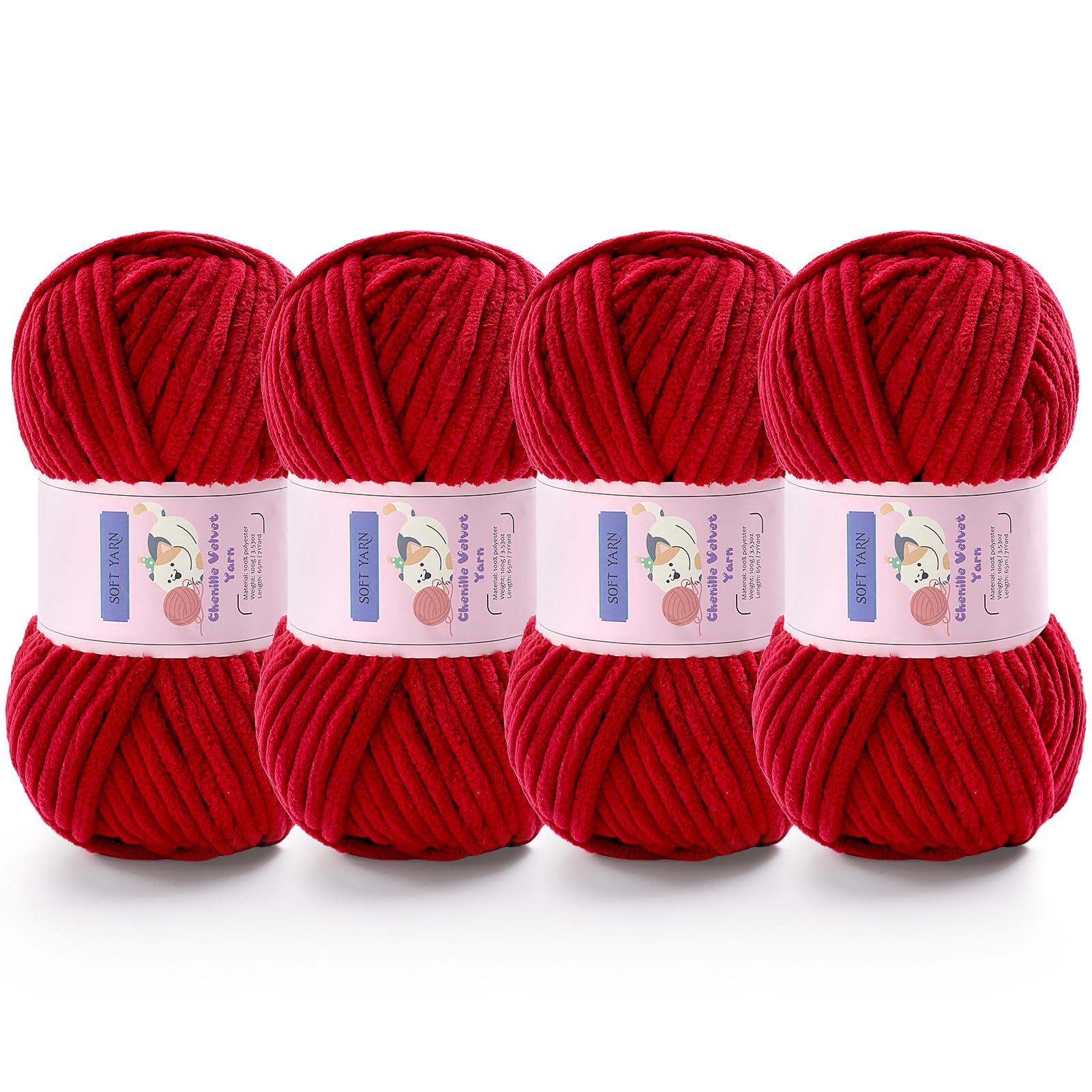 Chunky Chenille Yarn for Crocheting, #6 Red Baby Blanket Yarn for Crochet