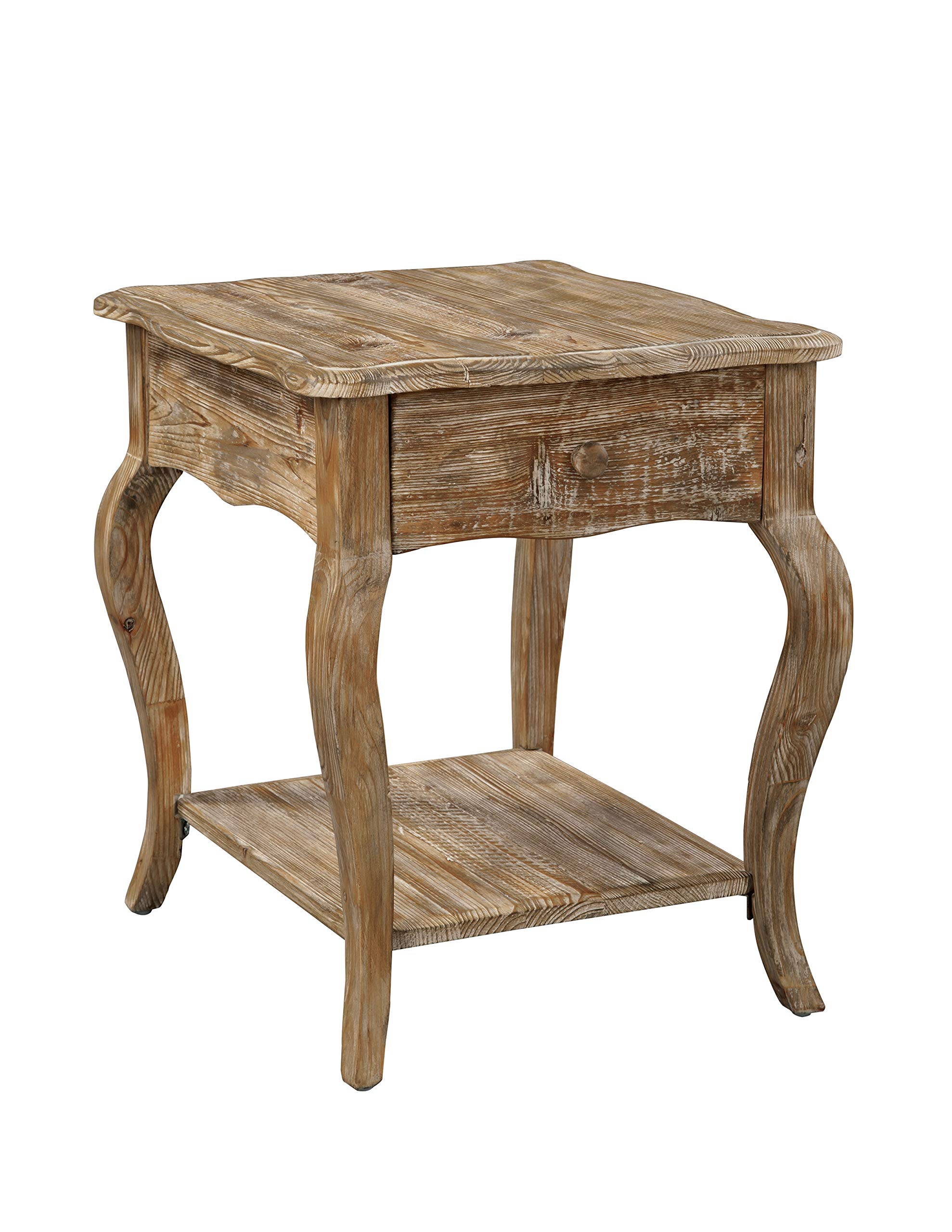 Alaterre Furniture Austerity Rustic Solid Wood End Table with Queen Anne Legs, Drawer and Shelf Home Décor, (L) 20" x (W) 23" x (H) 24", Driftwood Finish