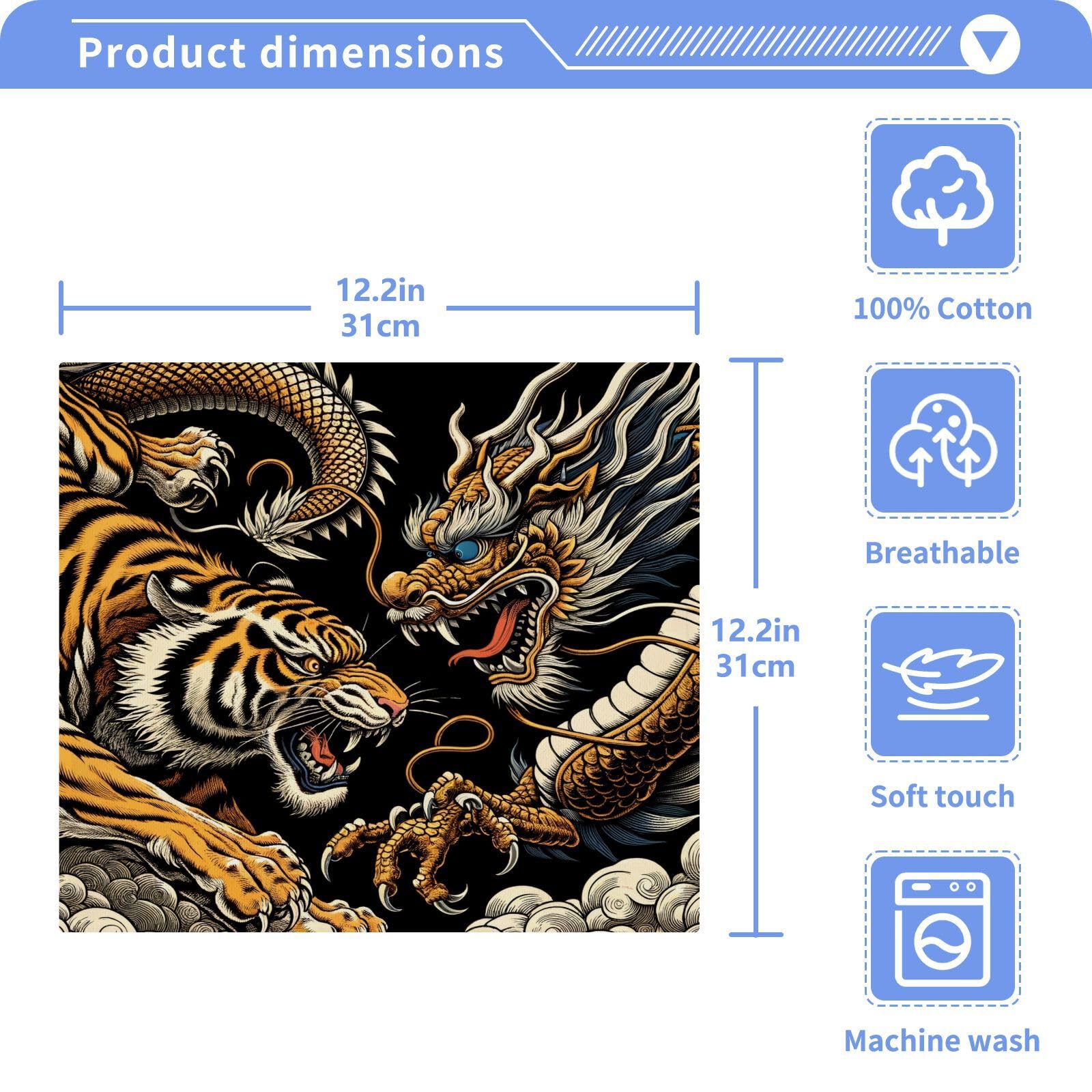 YANENDIE Dragon Tiger Fighting Washcloths Towels, Highly Absorbent and Soft Cotton Face Cloths, 2 Pack Quick Dry Wash Cloths - 12 X 12 Inches