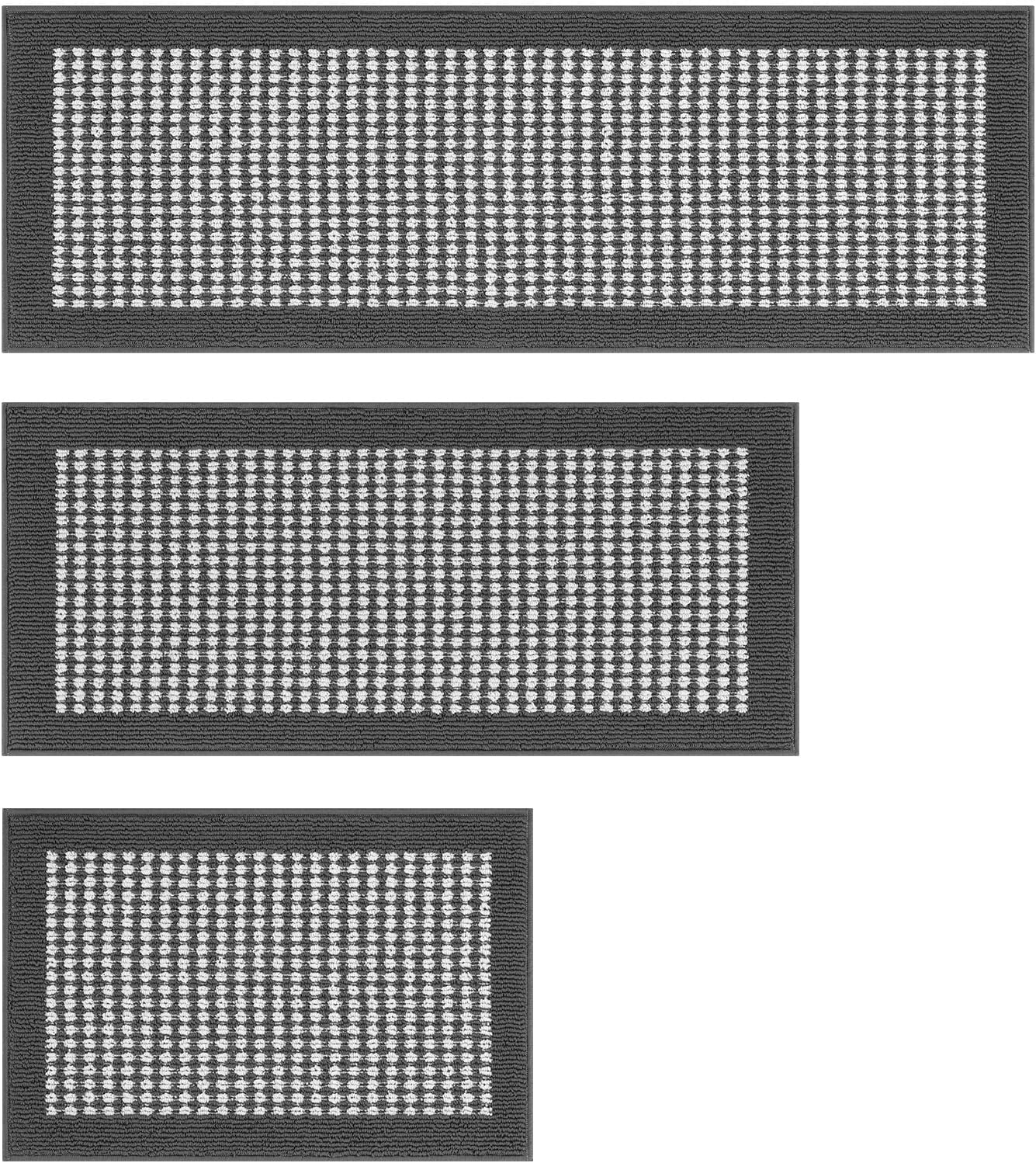 Ileading Kitchen Mat Sets 3 Piece Minimalist 3D Lattice Kitchen Floor Rugs with Non Slip Rubber Backing Machine Washable Farmhouse Runner Rugs for Laundry Hallway Doormat(Dark Gray)
