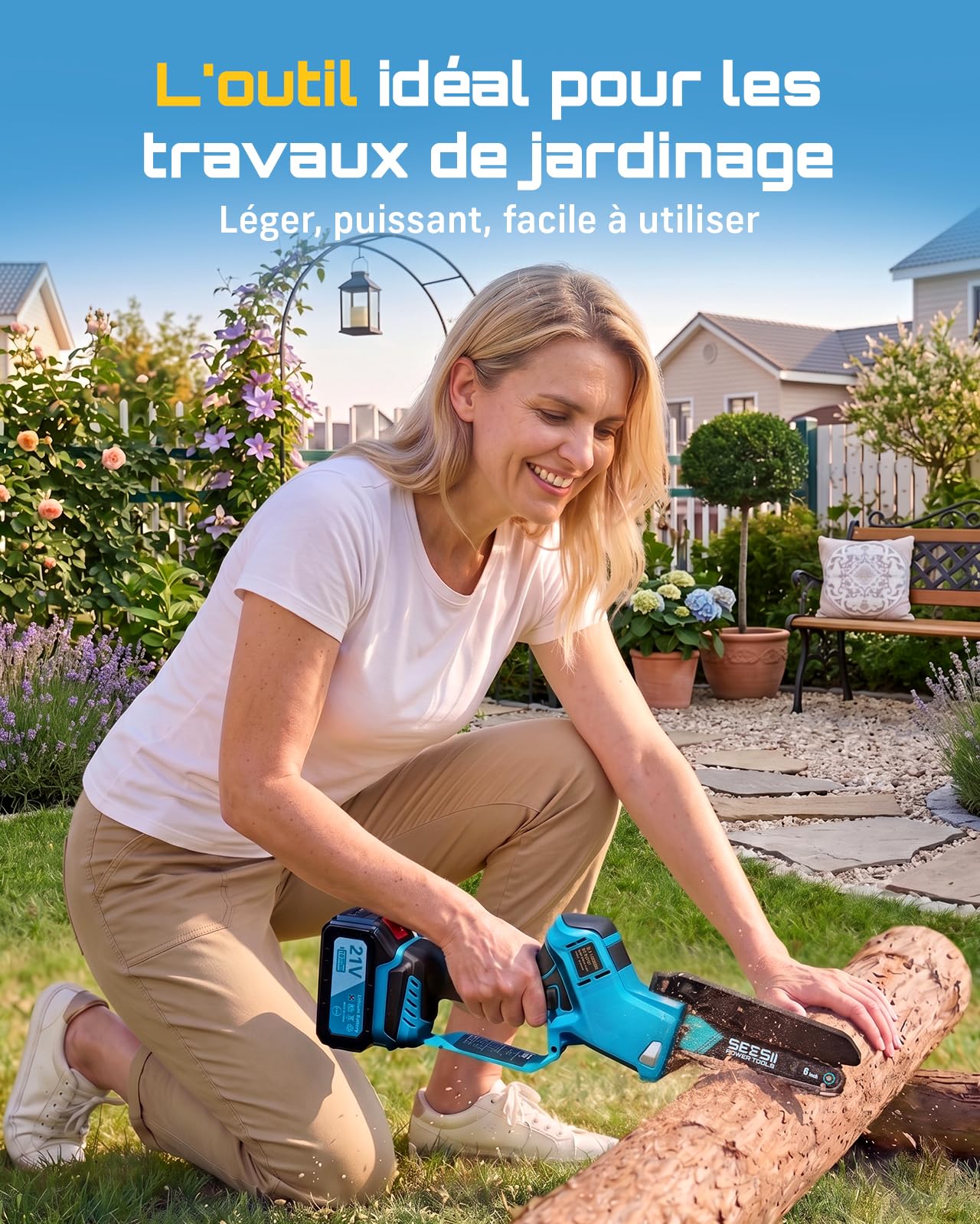 SEESII Mini Tronconneuse à Batterie 6 Pouces, Tronçonneuse Électrique Sans Balais, avec 2 * 4000 mAh Batterie, Lubrification Automatique, Compatible Makita 18V, Idéal Extérieur & Jardinage