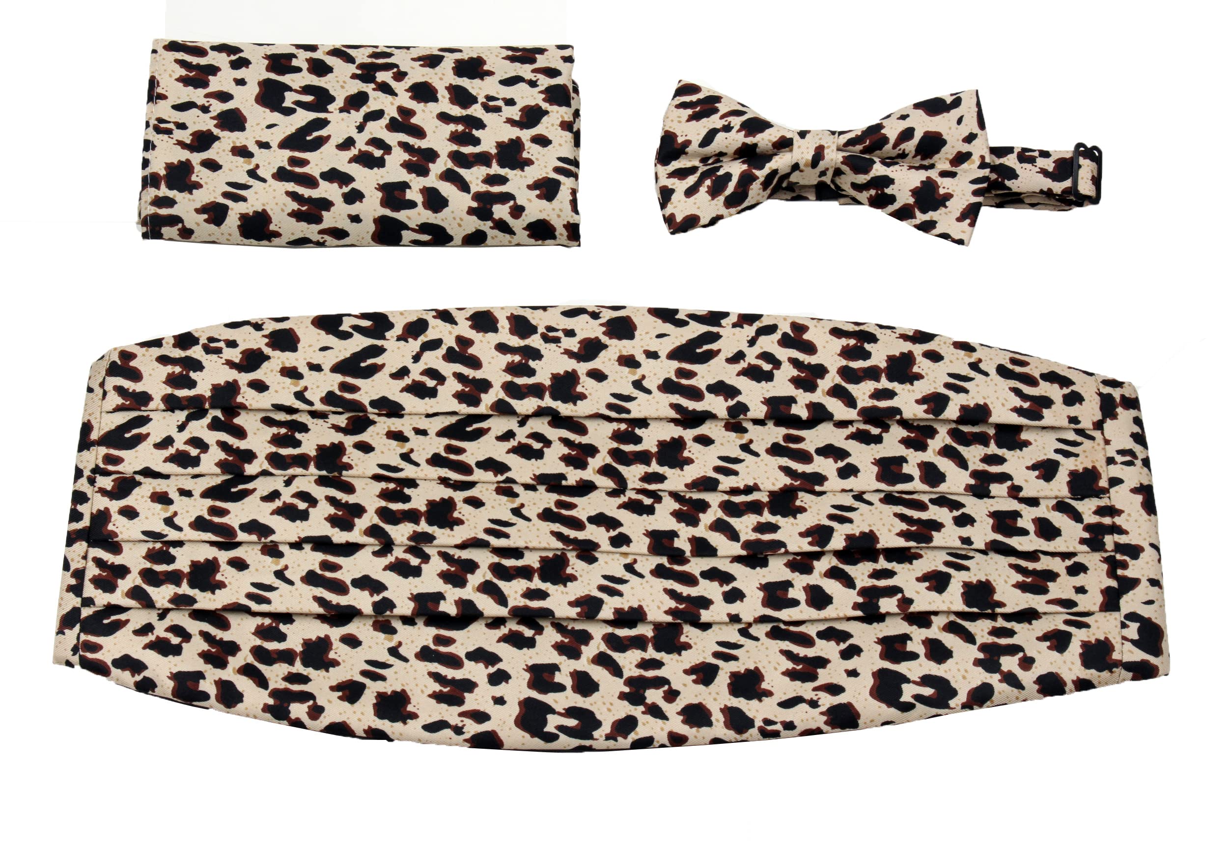 CBUND-ADF-301 - Mens Formal Woven Leopard Print Cummerbund Pre-Tied Bowtie Hanky set, Tan Brown Black, One size