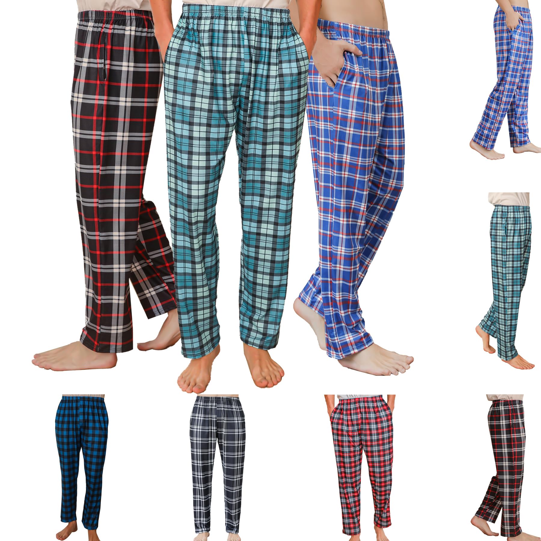 3 Pack Mens Pajama Pants Silk Satin Pj Plaid Loungewear with Pockets Sleep Bottoms Sleepwear Available In Big & Tall