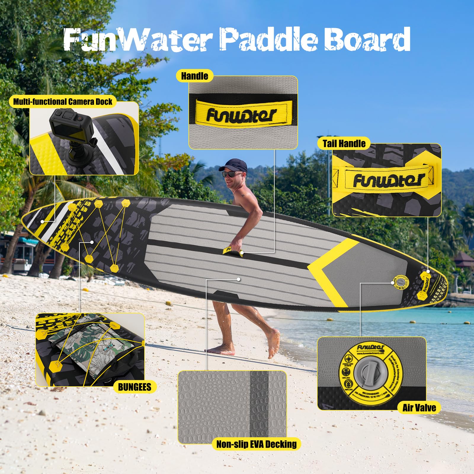 FunWater Tavola gonfiabile con pinne,guinzaglio di sicurezza,pompa a mano,pagaia,zaino Sup,per adulti e ragazzi di tutti i livelli