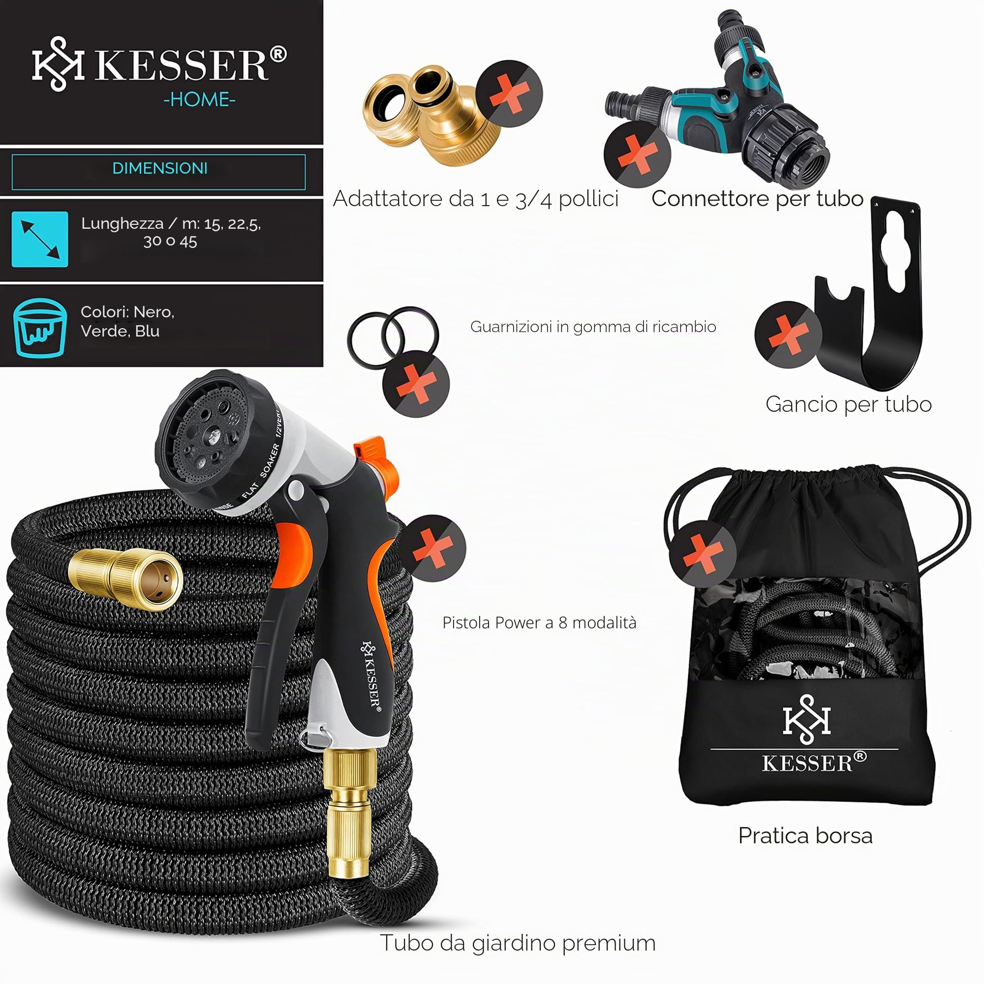 KESSER® Tubo da giardino flessibile di alta qualità, allungato, con supporto a parete, tubo flessibile con nucleo in lattice a 3 scomparti, tubo flessibile flessibile, viti in ottone di alta qualità
