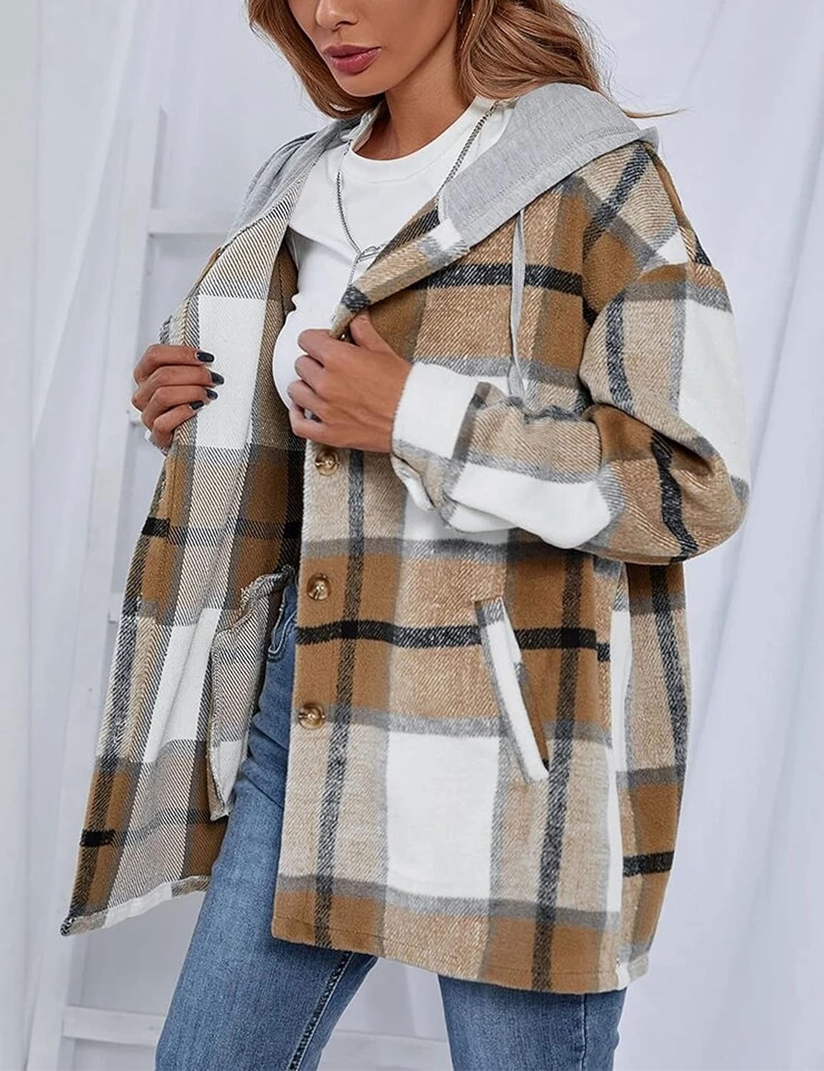 Zontroldy Womens Hooded Shacket Jacket Oversized Casual Flannel Plaid Wool Blend Button Down Shirt Coat Jackets - Image 3