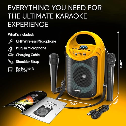 Miniatura 27 de MASINGO Máquina de karaoke para niños y adultos con 1 micrófono inalámbrico de karaoke y 1 micrófono con cable, altavoz portátil PA con luces LED