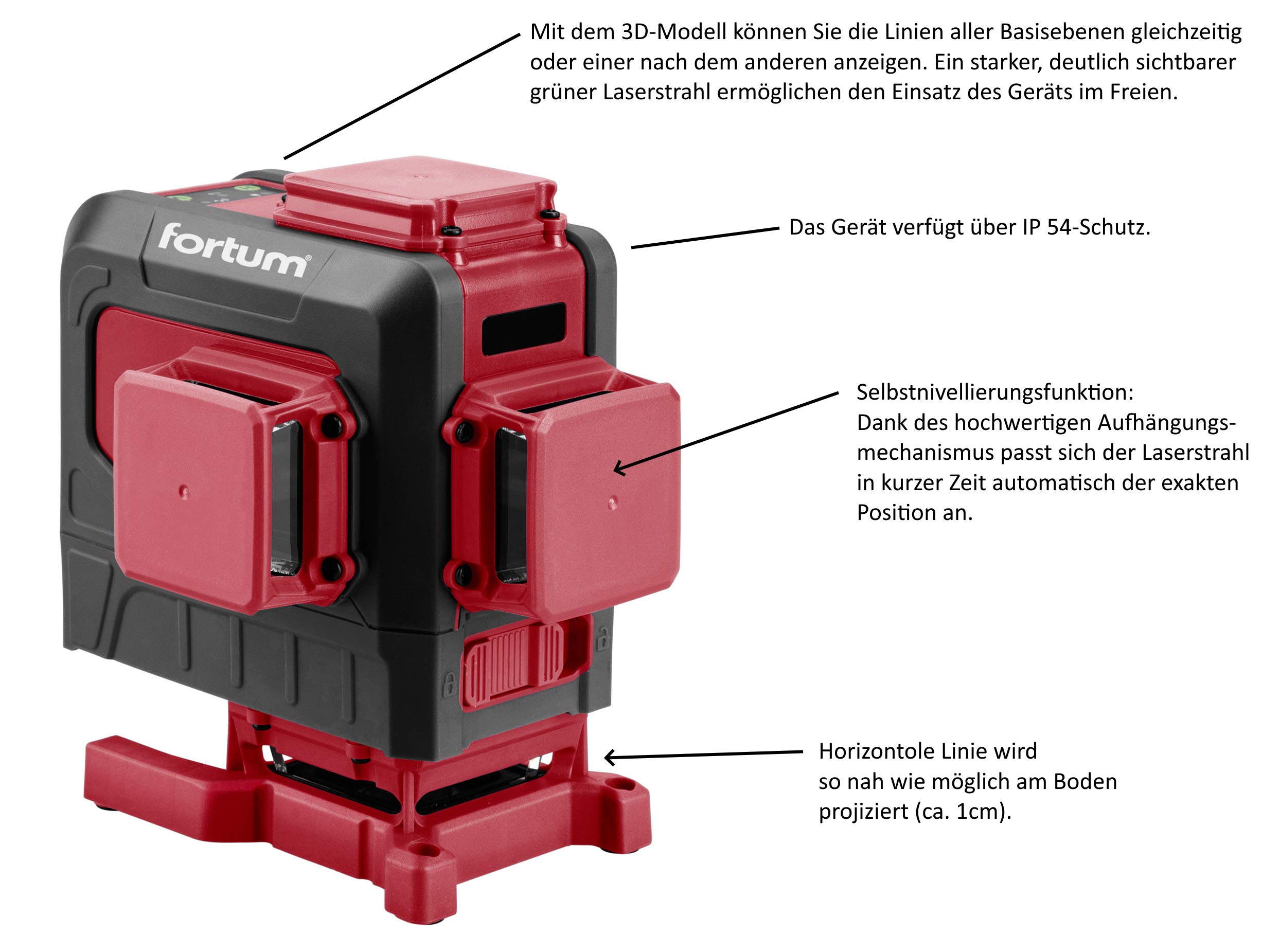 Laser krzyżowo-liniowy zielony laser 3D (3 x 360 stopni), samopoziomujący, niska pozioma linia, w zestawie moduł mocujący 360° (magnes, śruba, statyw), IP 54, 30 m