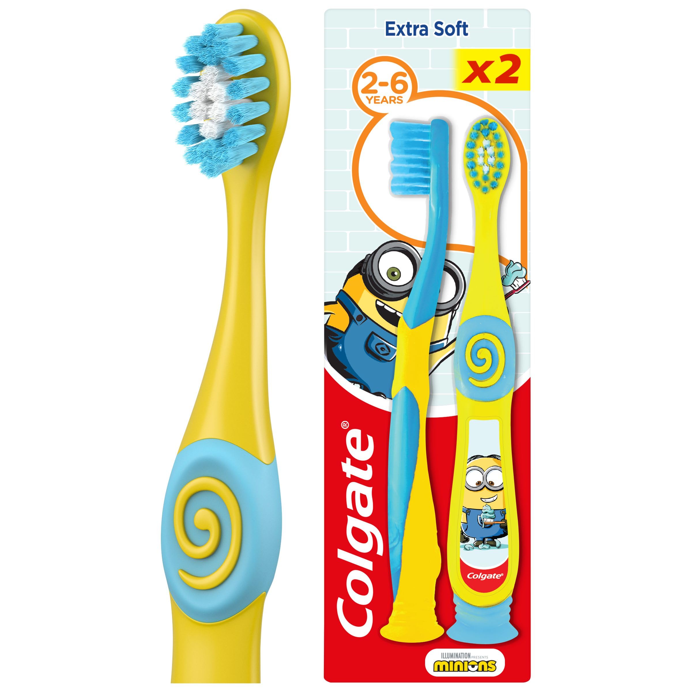 Kids Minions or Trolls Toothbrush 2 - 6 years - kids toothbrush - extra soft bristles - small toothbrush head - soft tongue cleaner - rounder handle and thumb rest - suction cup