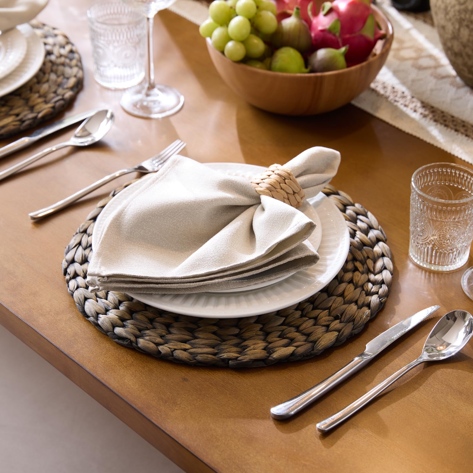 YANGQIHOME Platzset aus Wasserhyazinthe, rundes Tischset, handgemachte runde Platzdeckchen, Telleruntersetzer für Esstisch und Boho Deko, Weihnachten (6er Set, 35 cm, Schwarz)