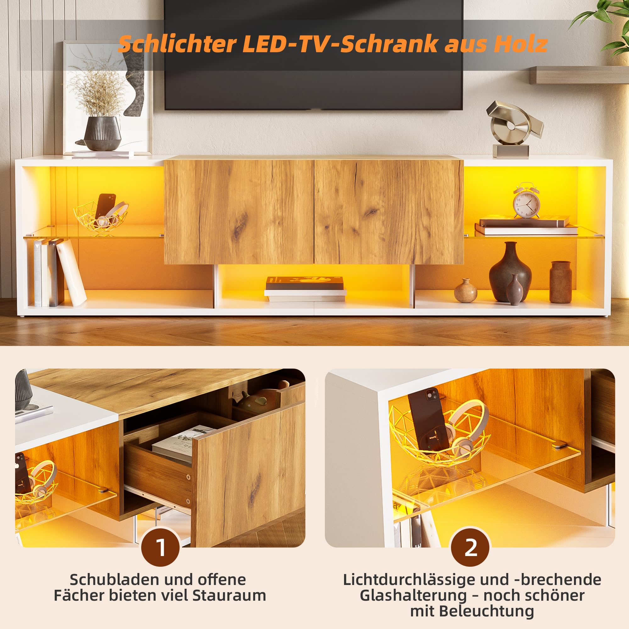 Meuble TV avec éclairage LED 2 tiroirs Rangement Ouvert Commode TV pour téléviseurs Jusqu’à 70 Pouces pour Salon Chambre à Coucher Table TV Blanc