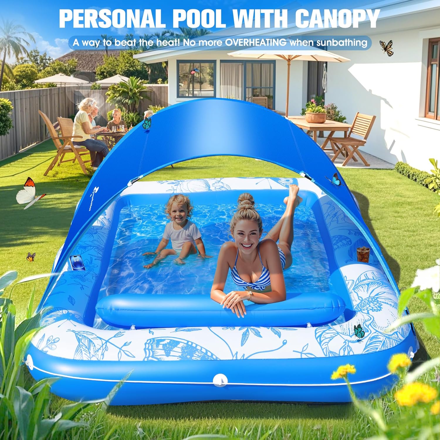 Inflatable Tanning Pool Lounger with Canopy,81"x 60" Large Tanning Floats for Adults, Butterfly Pool Lounger Float,Blow Up Tanning Water Bed with Cup&Phone Holder,Adults Tanning Pools for Backyard