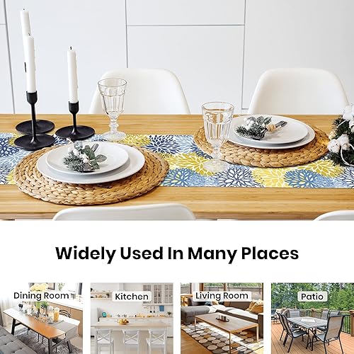 Miniatura 7 de Camino de mesa de flores de dalia de 72 pulgadas de largo, camino de mesa floral azul amarillo decoración de cocina para fiesta en el hogar y