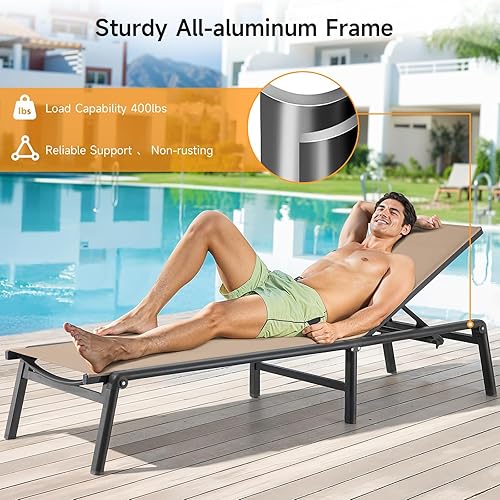 Miniatura 5 de ONBRILL Tumbona de aluminio para exteriores, plegable y sin montaje, con respaldo ajustable de 5 posiciones, sillas de descanso para patio, piscina,