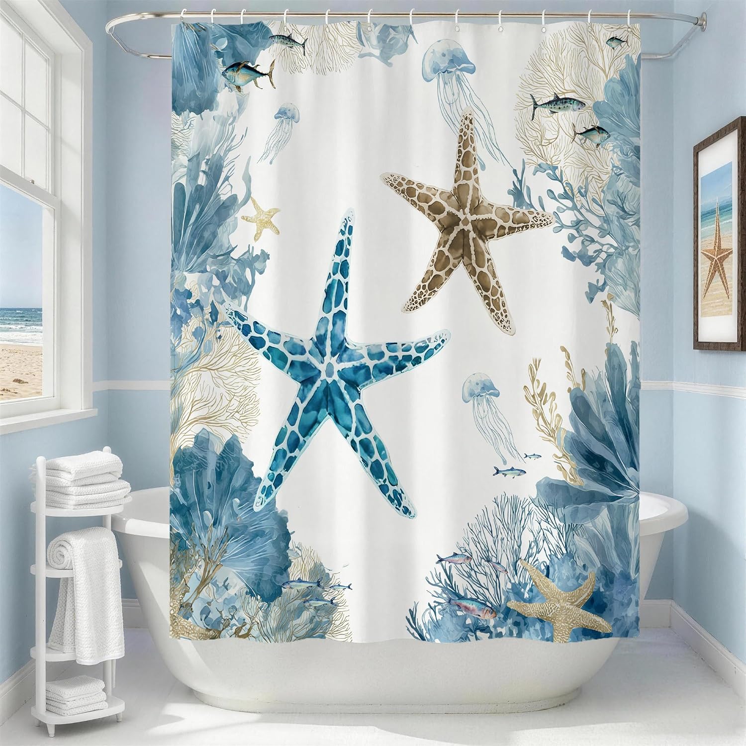 Blue Beach Shower Curtain for Bathroom, Ocean Coastal Theme, 72x72 In