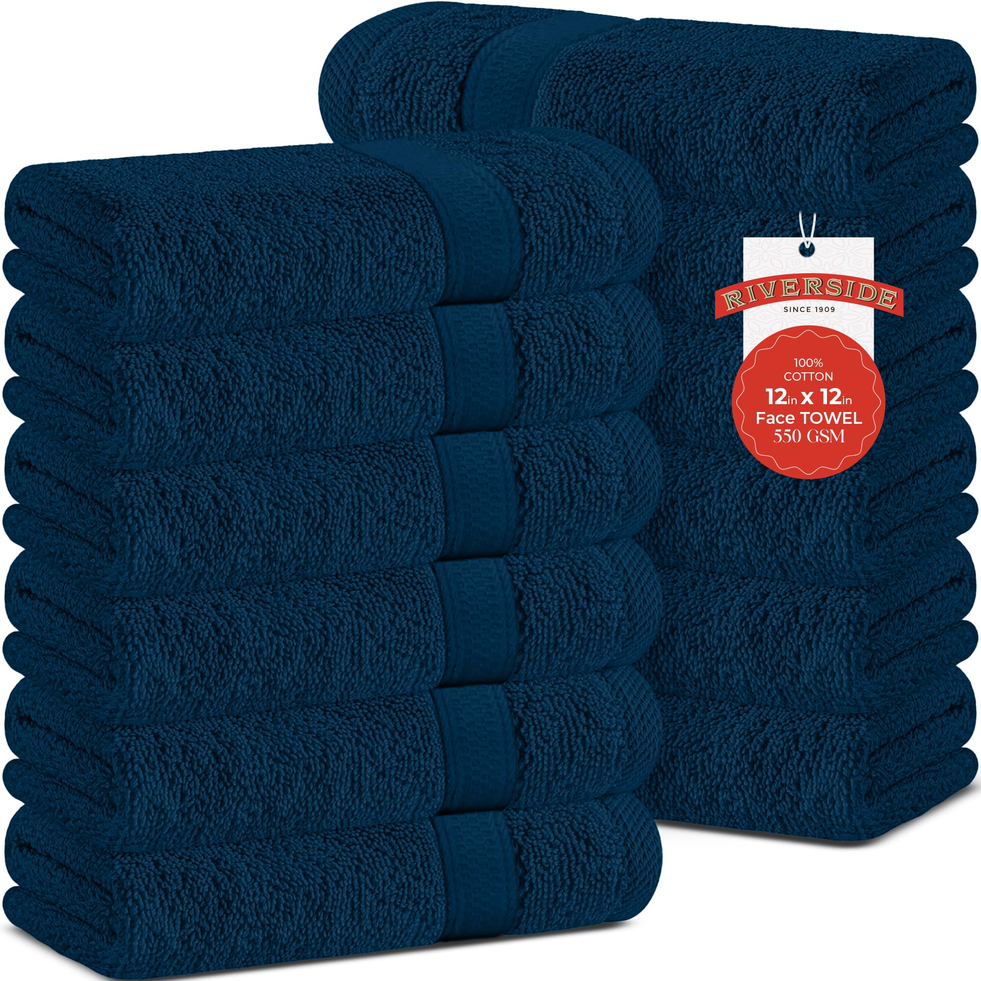 RIVERSIDE 12 Pack Premium 100 Cotton Face Wash Cloths 12 x 12 Inches Soft Absorbent Face Towels for