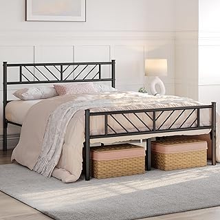 Yaheetech 4ft6 Double Bed Frames Metal Slatted Bed Platform with Arrow Design Headboard, Under-bed Storage, No Box Spring Needed, Black