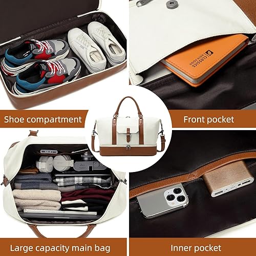 Miniatura 6 de SHENHU Bolsas de fin de semana para mujer, bolsa de lona grande de viaje, bolsa de fin de semana con compartimento de cuero para zapatos para